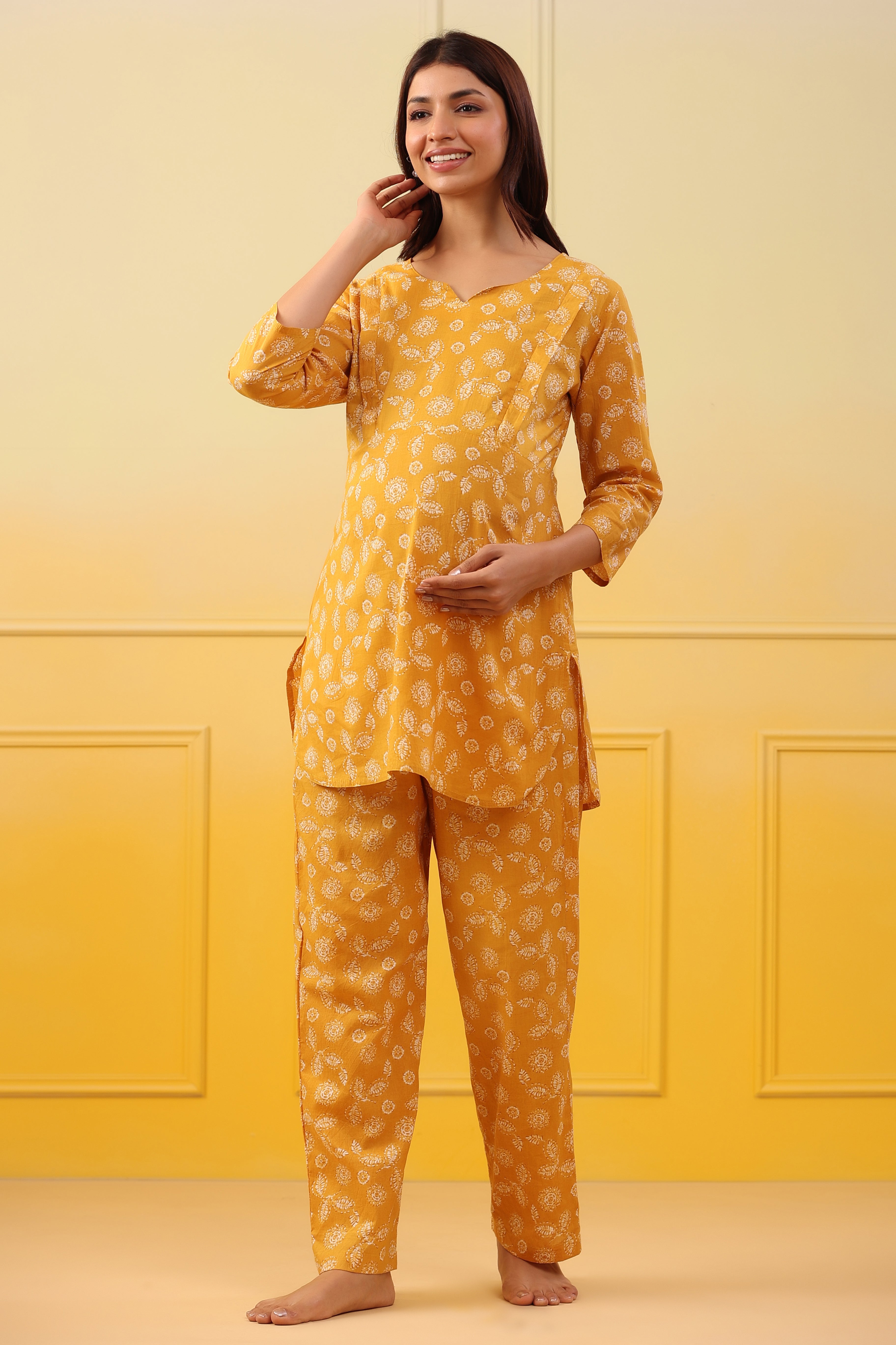 Yellow Vintage Leaf Cotton Maternity - Nursing Co-ord Set