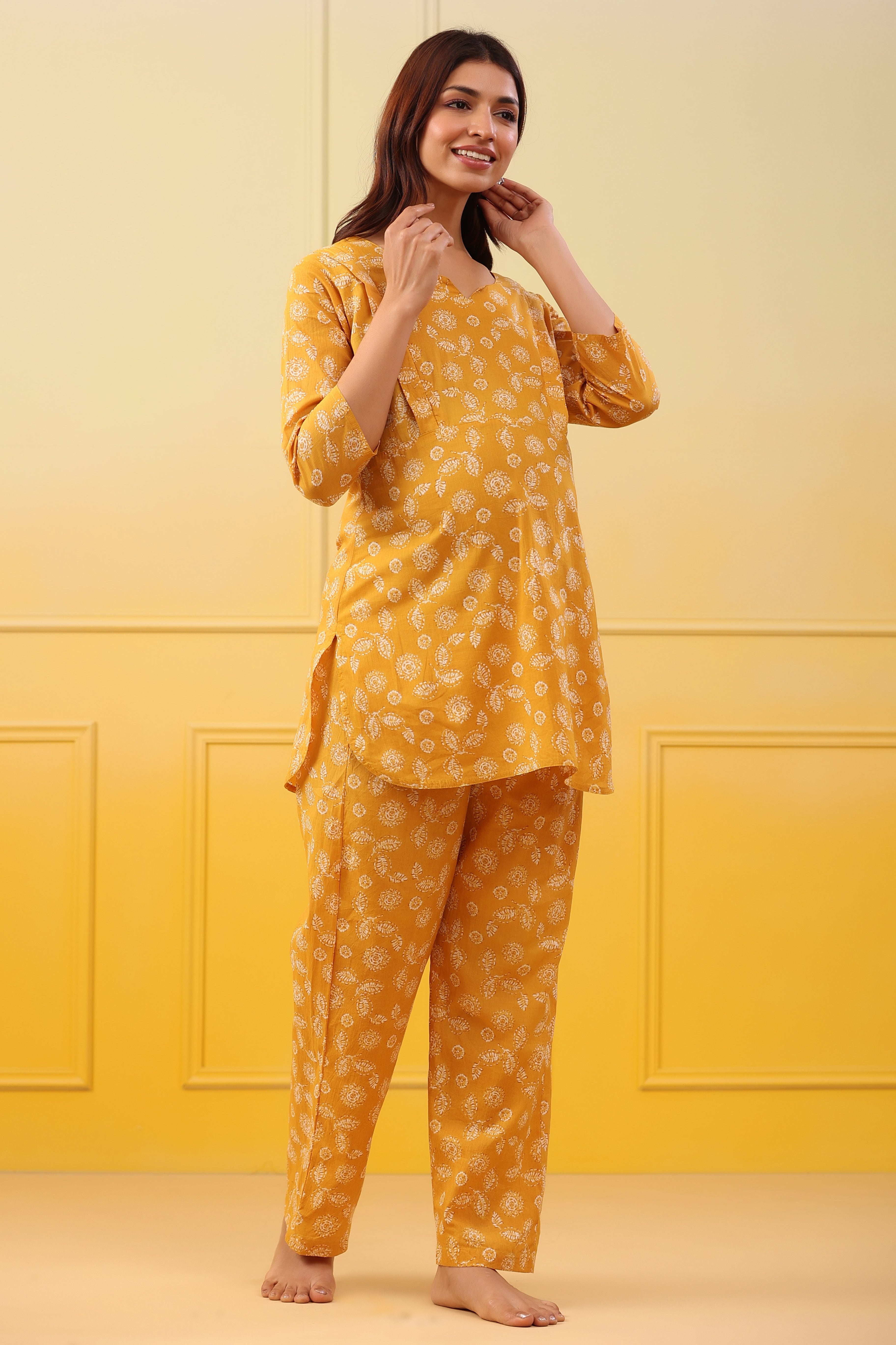 Yellow Vintage Leaf Cotton Maternity - Nursing Co-ord Set