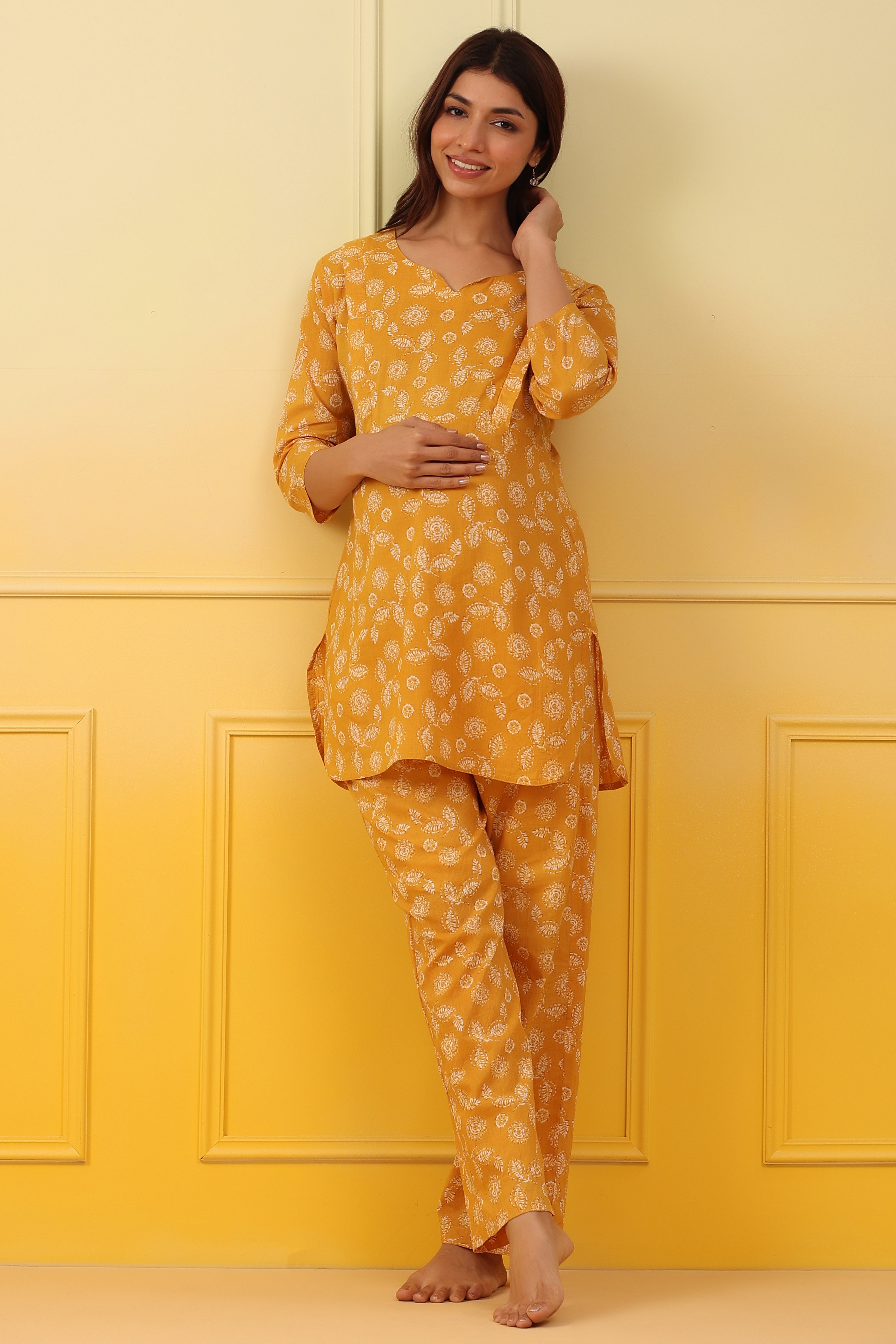 Yellow Vintage Leaf Cotton Maternity - Nursing Co-ord Set