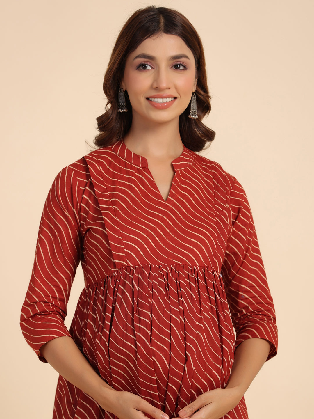 Red Pretty Wave Cotton Maternity - Nursing Kurta