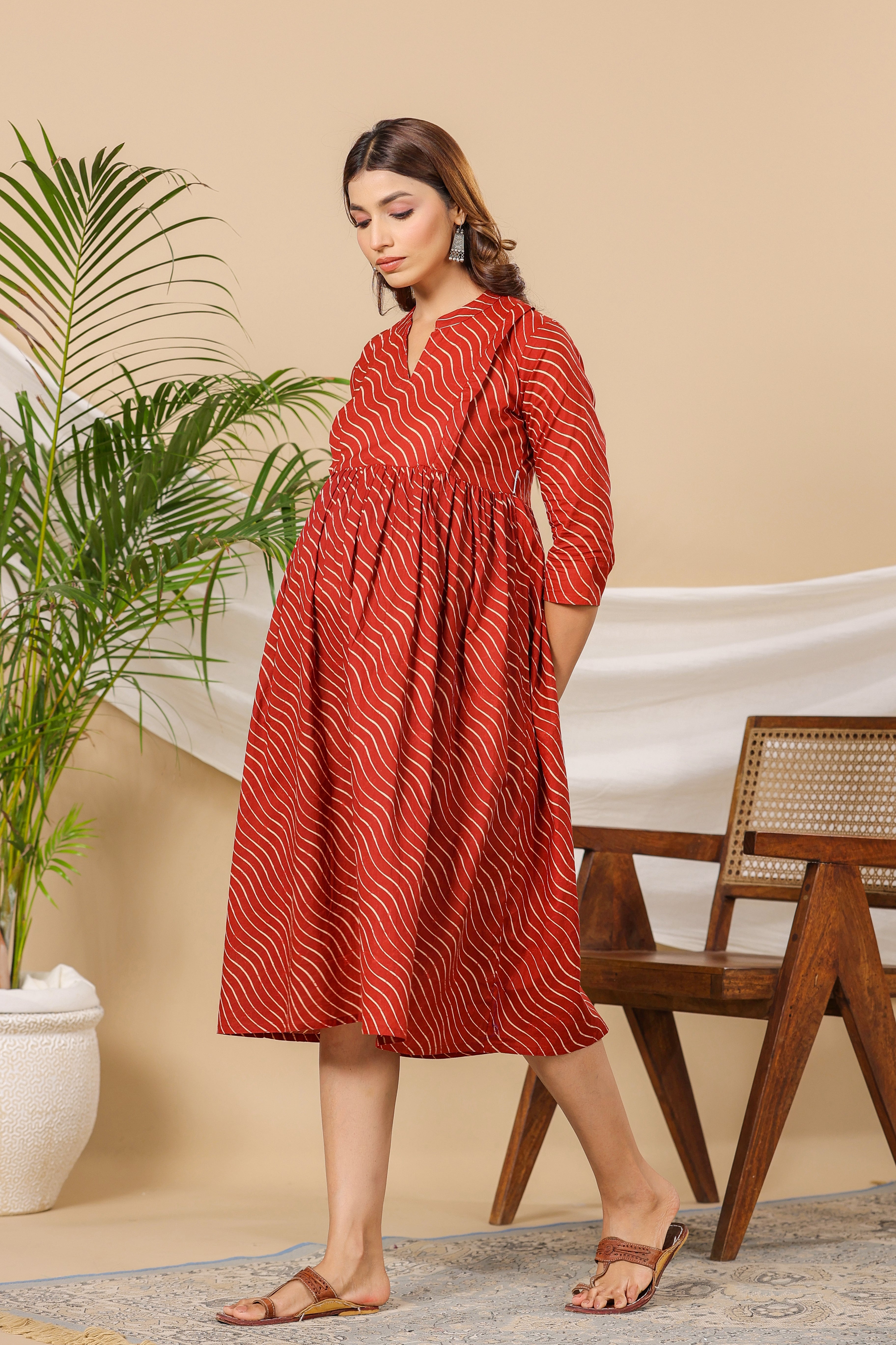 Red Pretty Wave Cotton Maternity - Nursing Dress