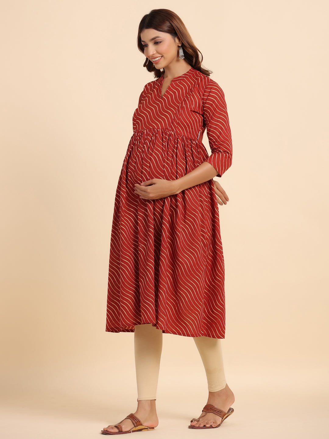 Red Pretty Wave Cotton Maternity - Nursing Kurta