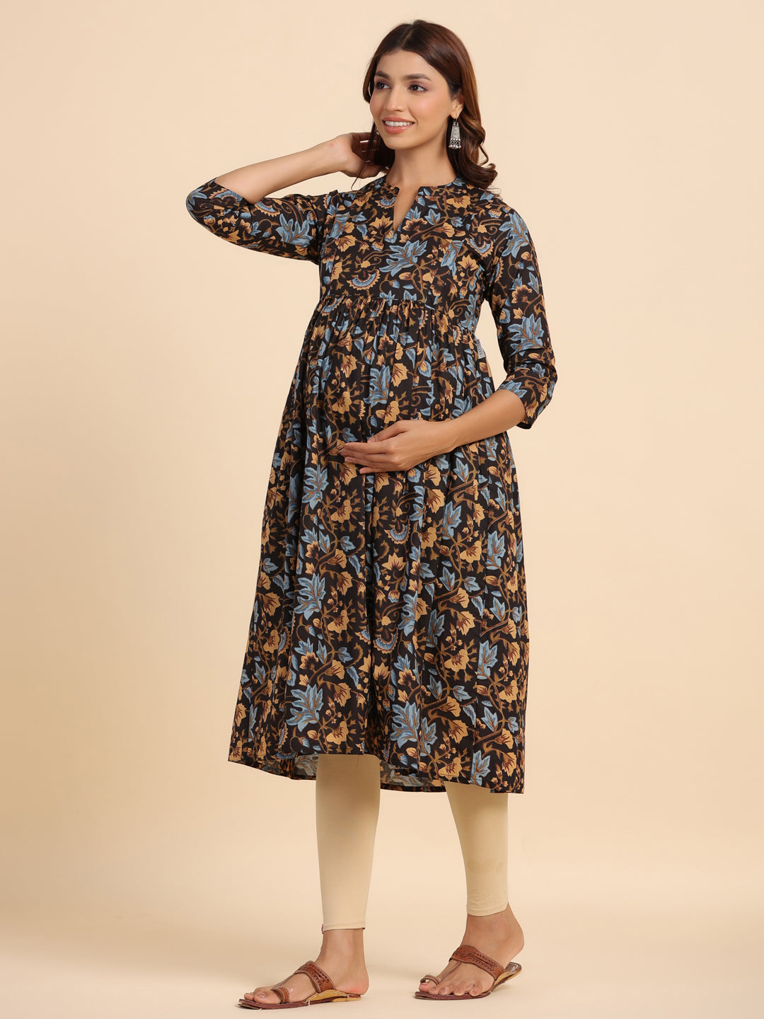 Russet Floral Cotton Maternity - Nursing Kurta