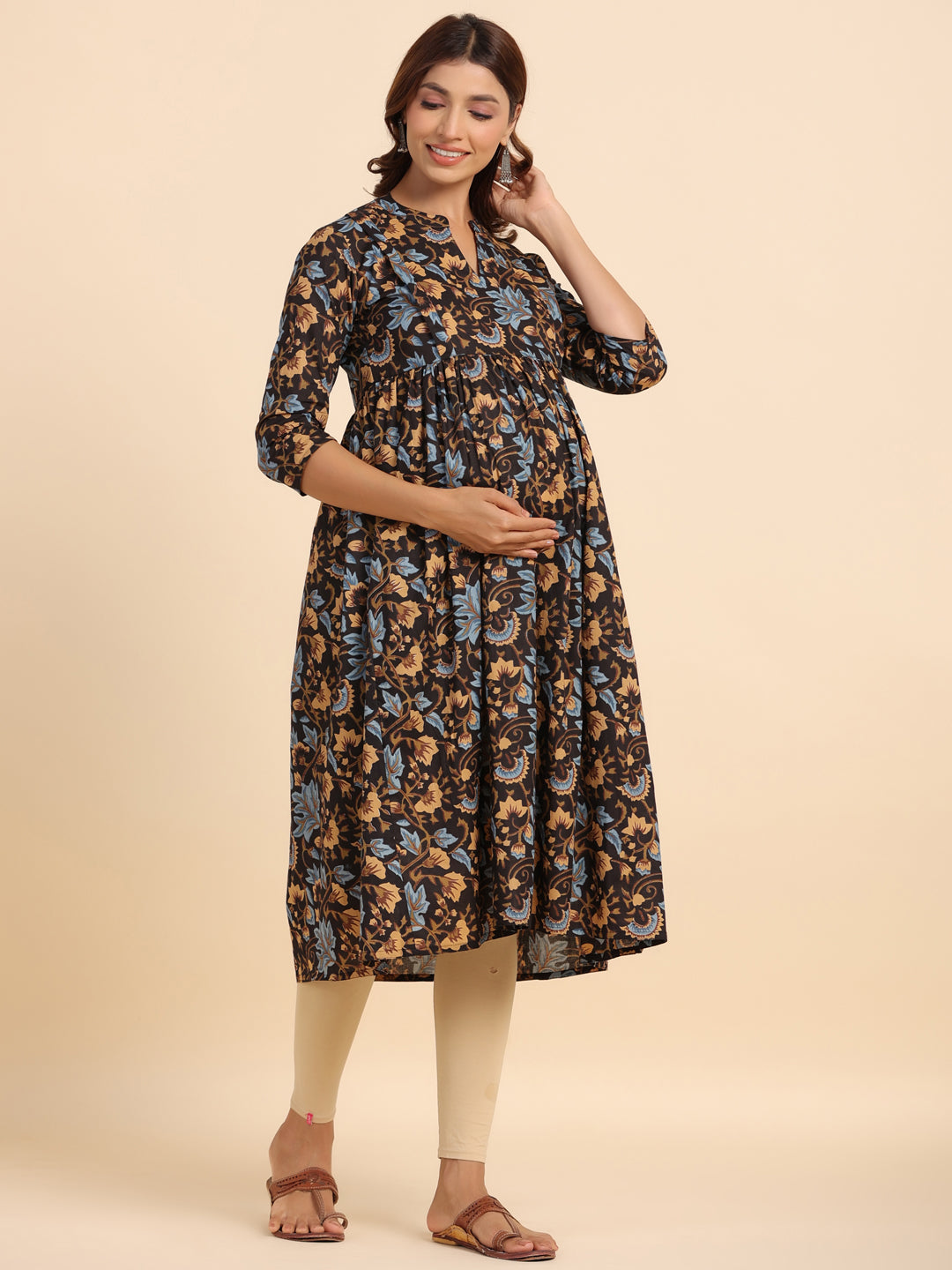 Russet Floral Cotton Maternity - Nursing Kurta