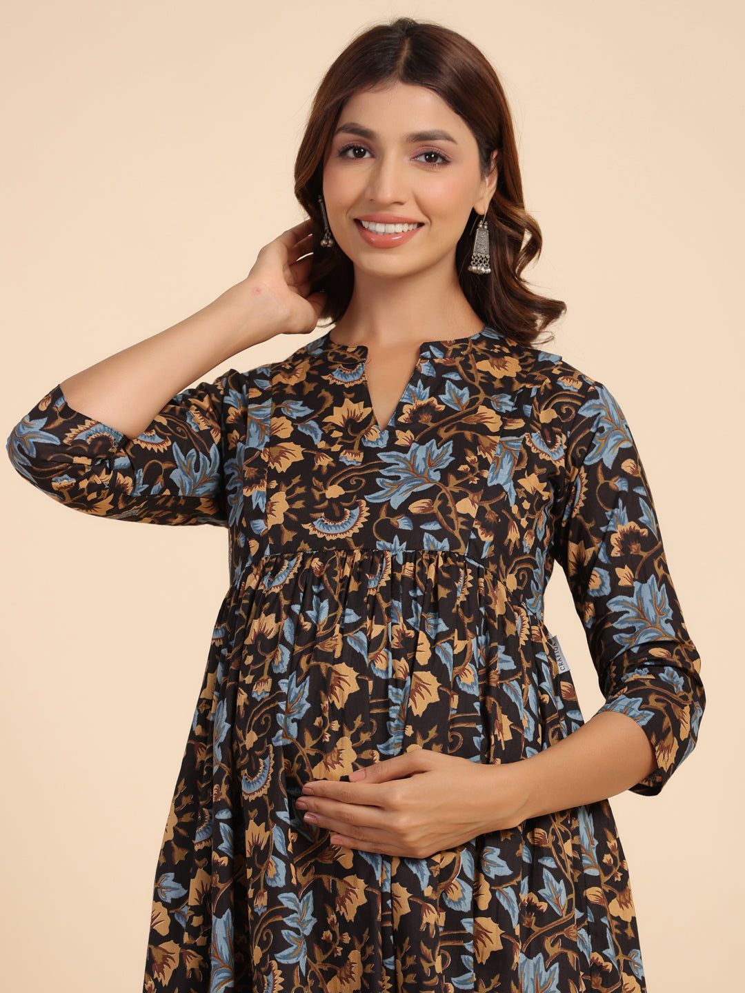 Russet Floral Cotton Maternity - Nursing Kurta