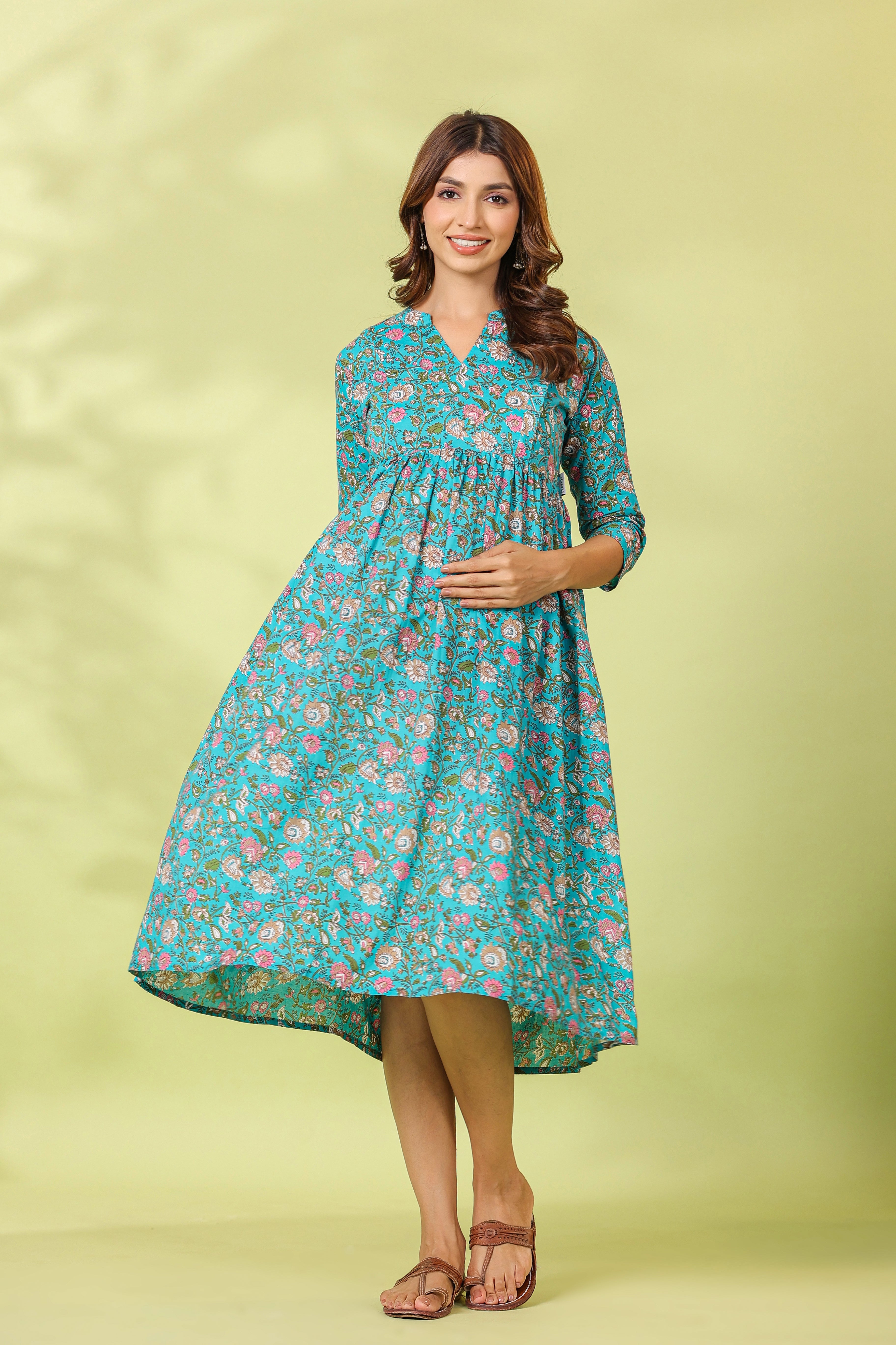 Tiffany Blue Floral Cotton Maternity - Nursing Dress