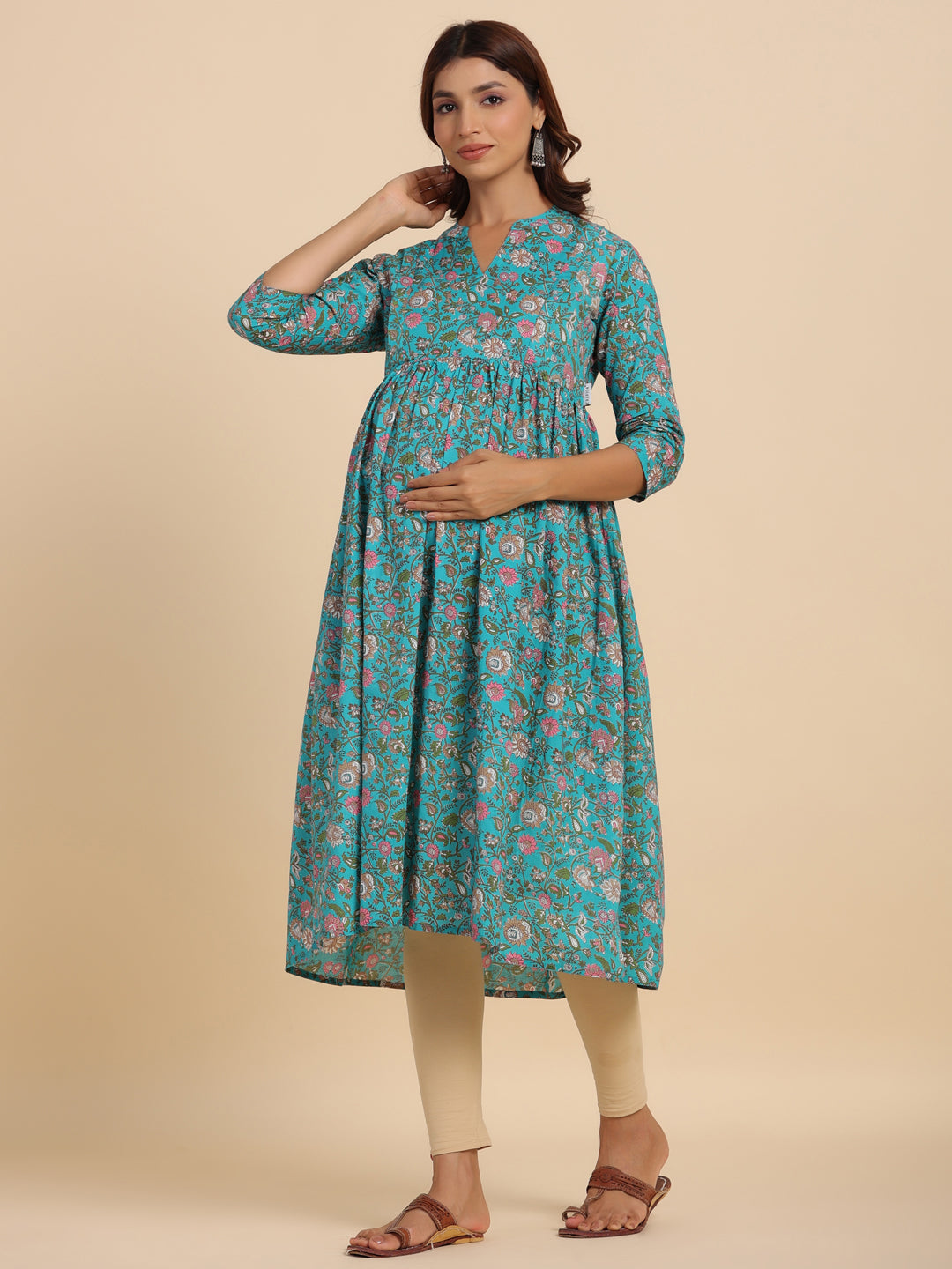 Tiffany Blue Floral Cotton Maternity - Nursing Kurta