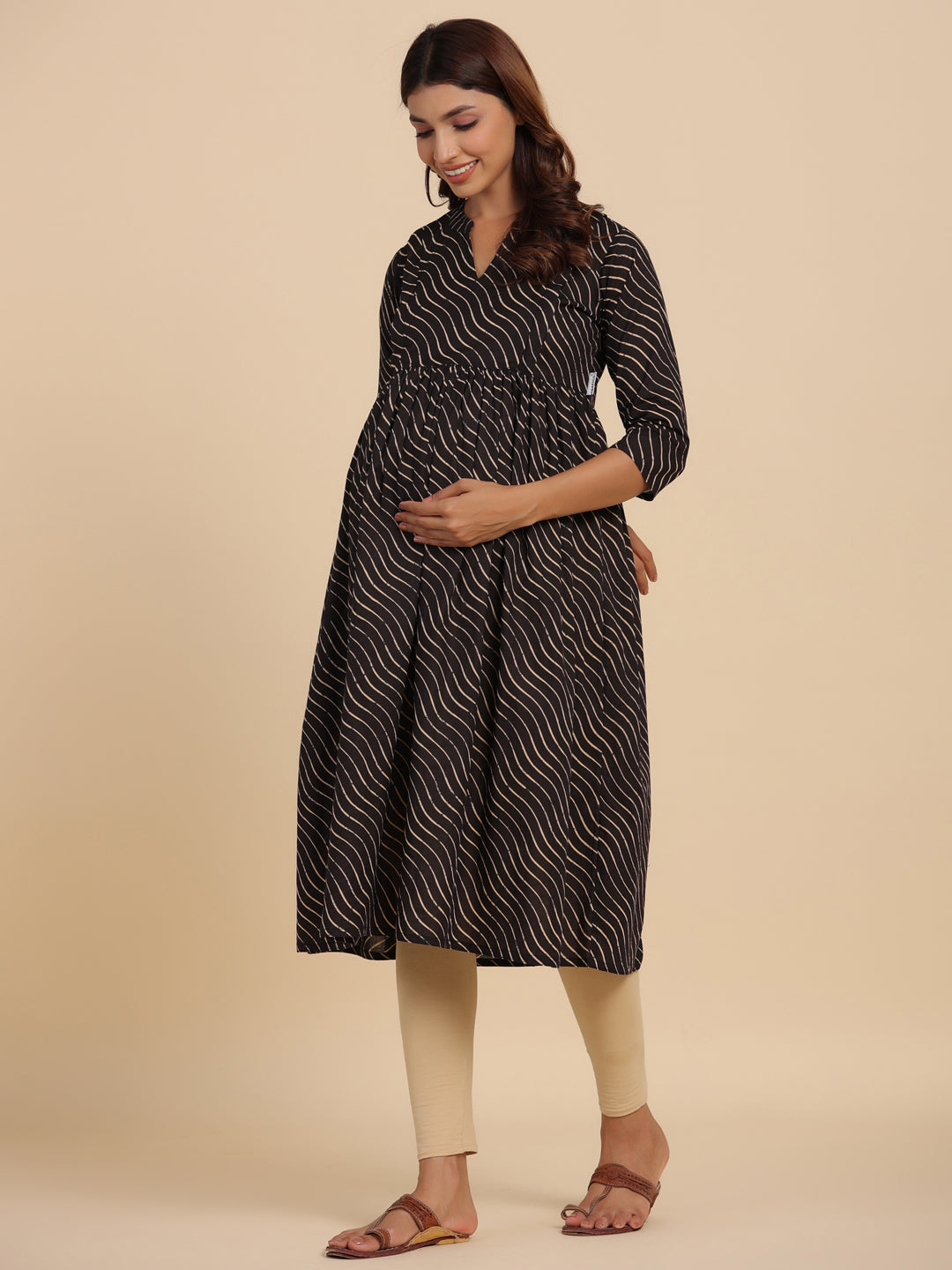 Black Pretty Wave Cotton Maternity - Nursing Kurta