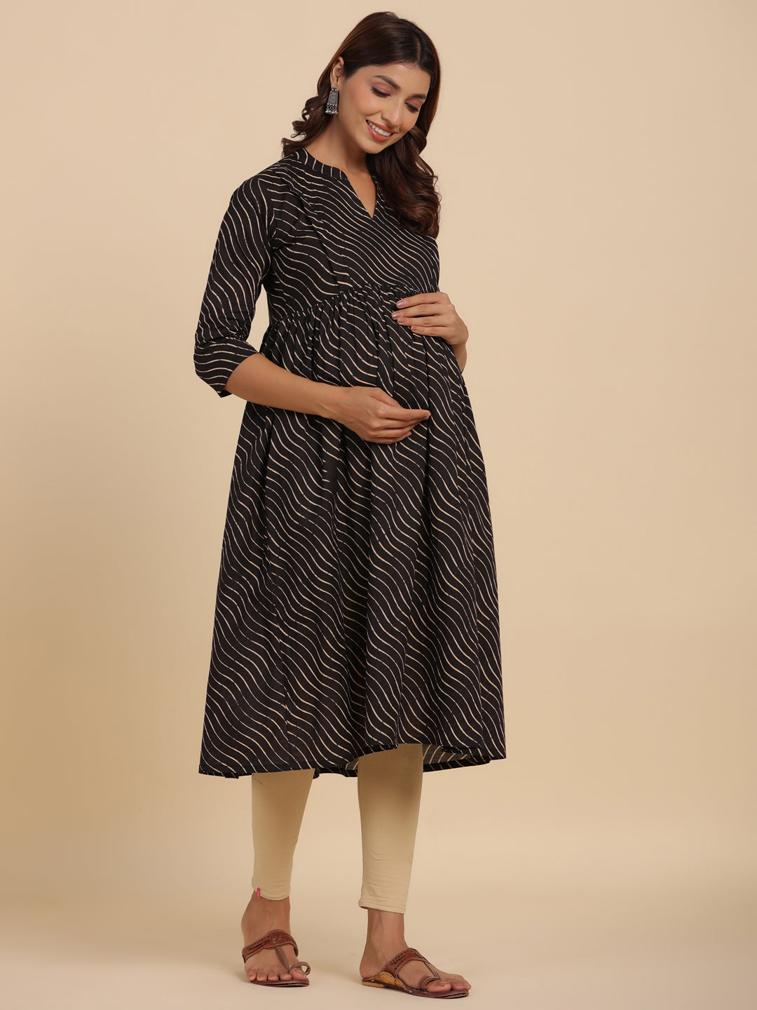 Black Pretty Wave Cotton Maternity - Nursing Kurta