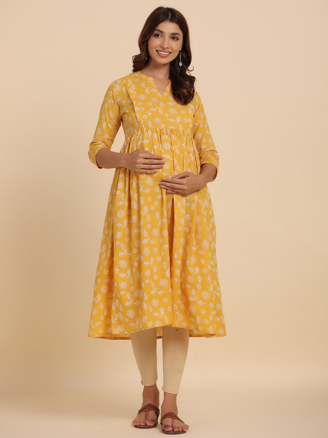 Yellow Vintage Leaf Cotton Maternity - Nursing Kurta