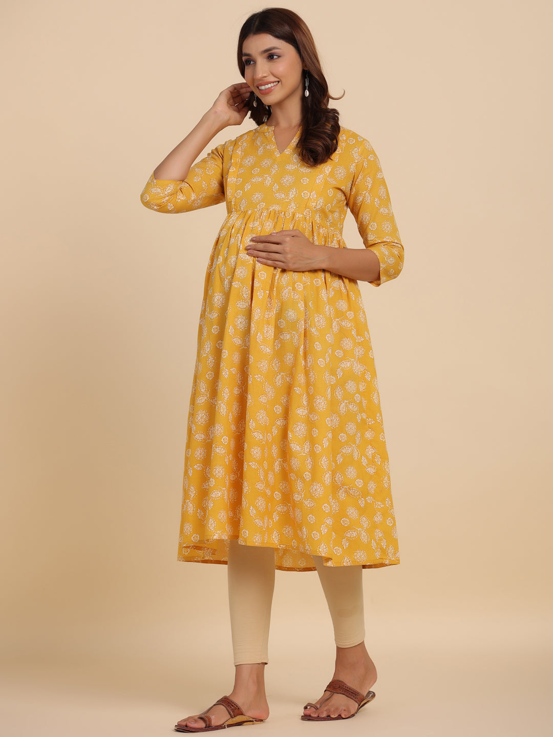 Yellow Vintage Leaf Cotton Maternity - Nursing Kurta