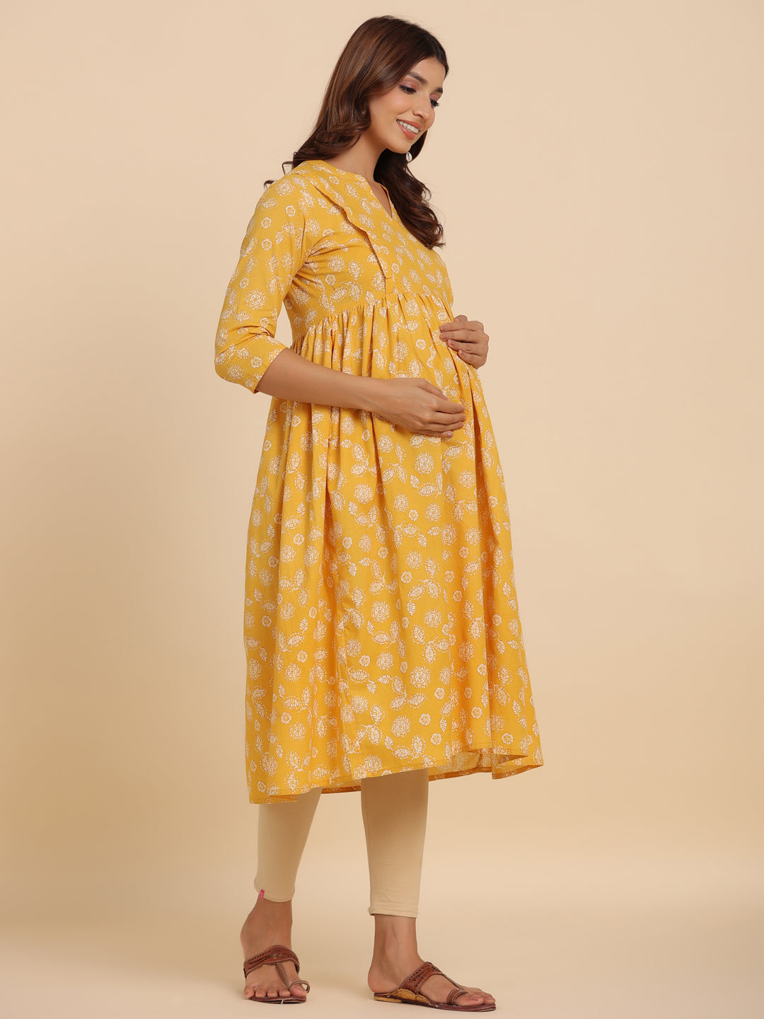Yellow Vintage Leaf Cotton Maternity - Nursing Kurta