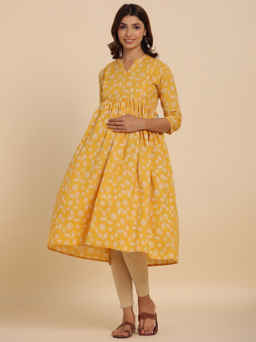 Yellow Vintage Leaf Cotton Maternity - Nursing Kurta