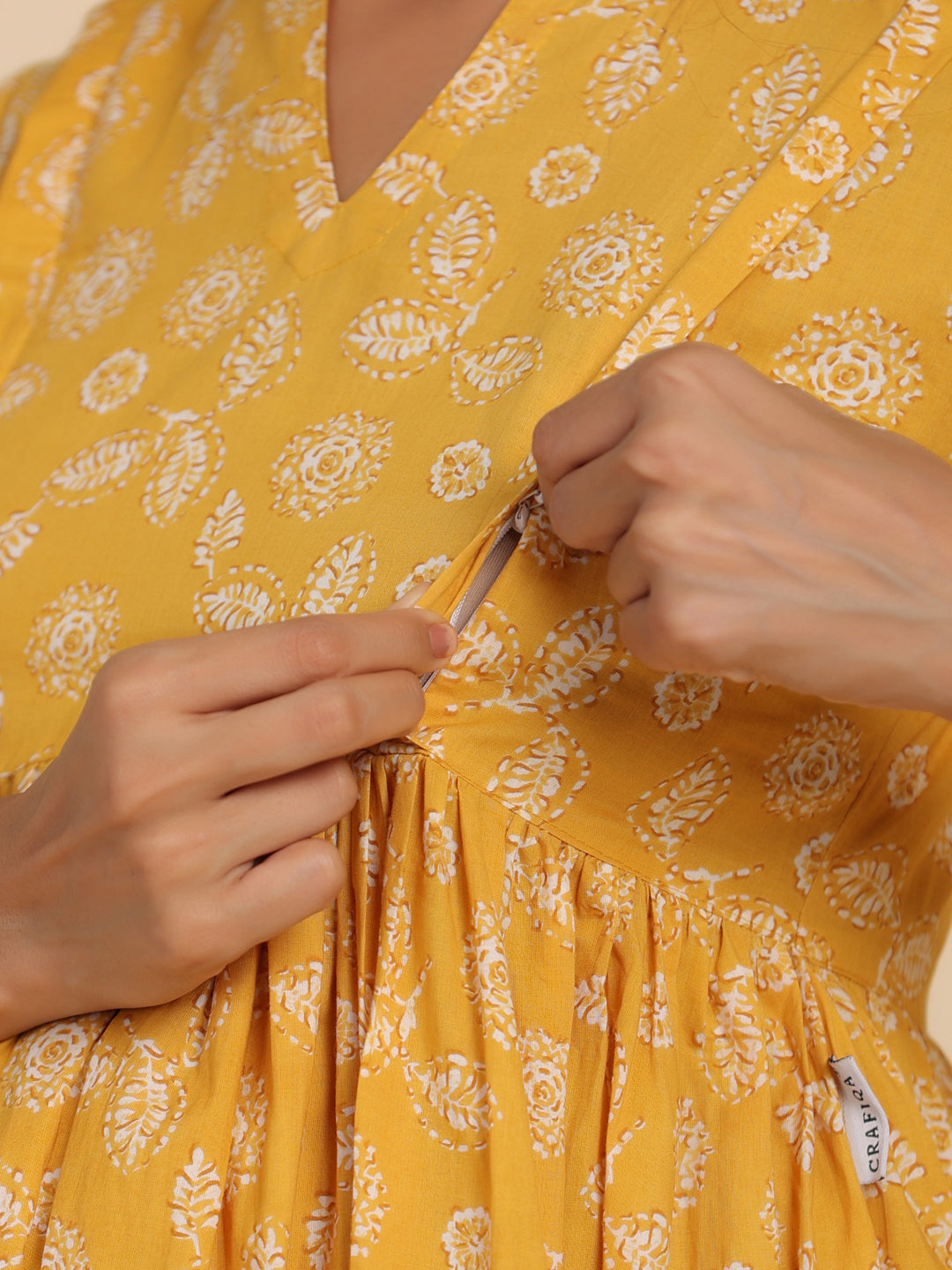 Yellow Vintage Leaf Cotton Maternity - Nursing Kurta