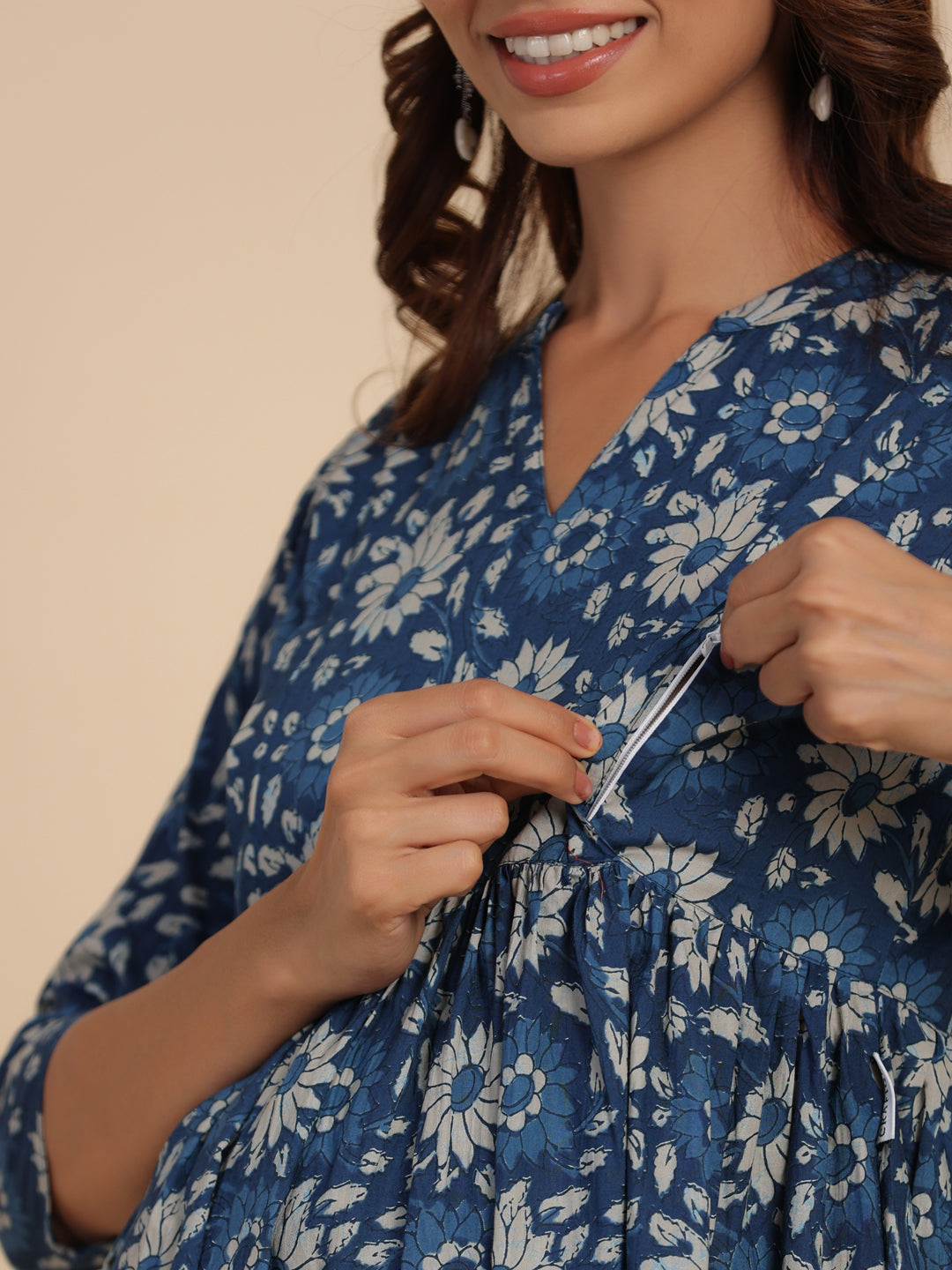 Indigo Dye Floral Cotton Maternity - Nursing Kurta