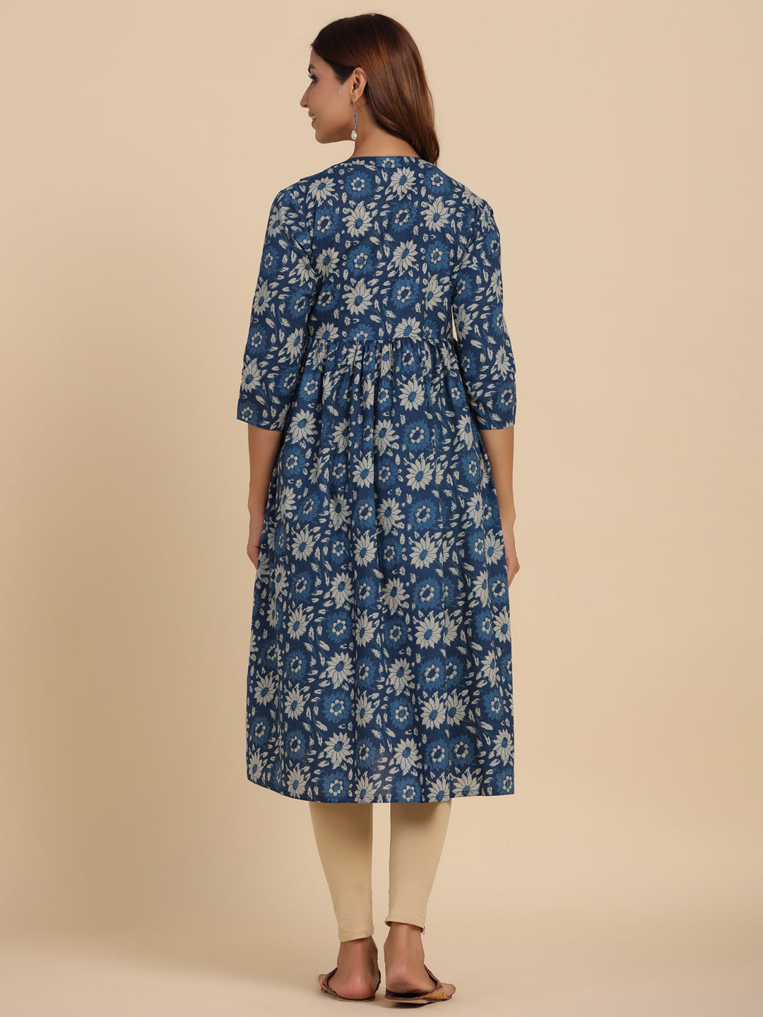 Indigo Dye Floral Cotton Maternity - Nursing Kurta