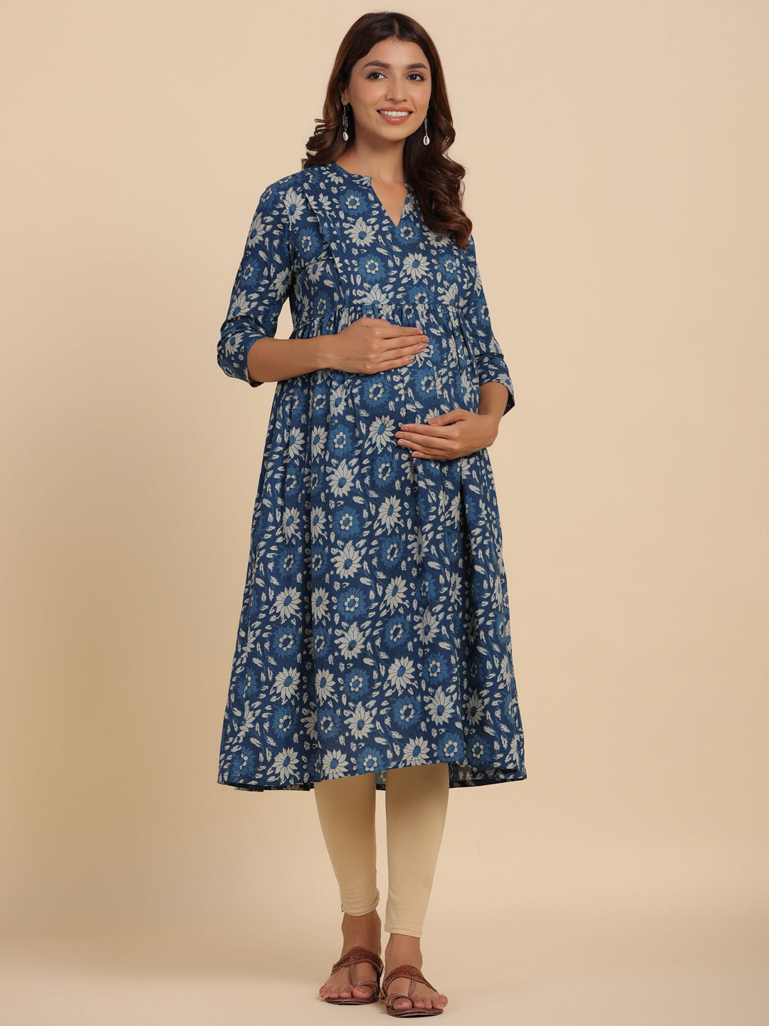 Indigo Dye Floral Cotton Maternity - Nursing Kurta