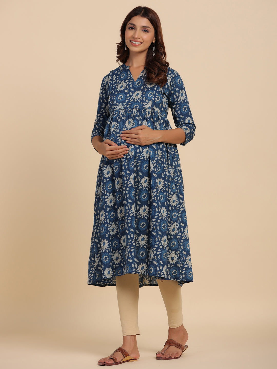 Indigo Dye Floral Cotton Maternity - Nursing Kurta