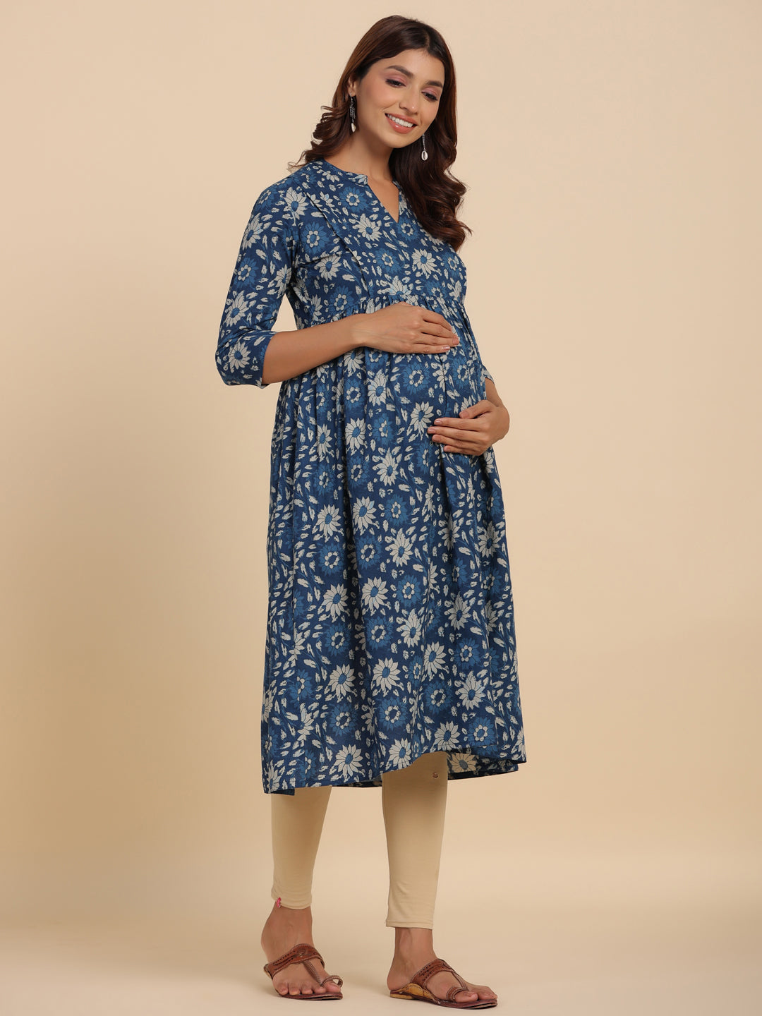 Indigo Dye Floral Cotton Maternity - Nursing Kurta