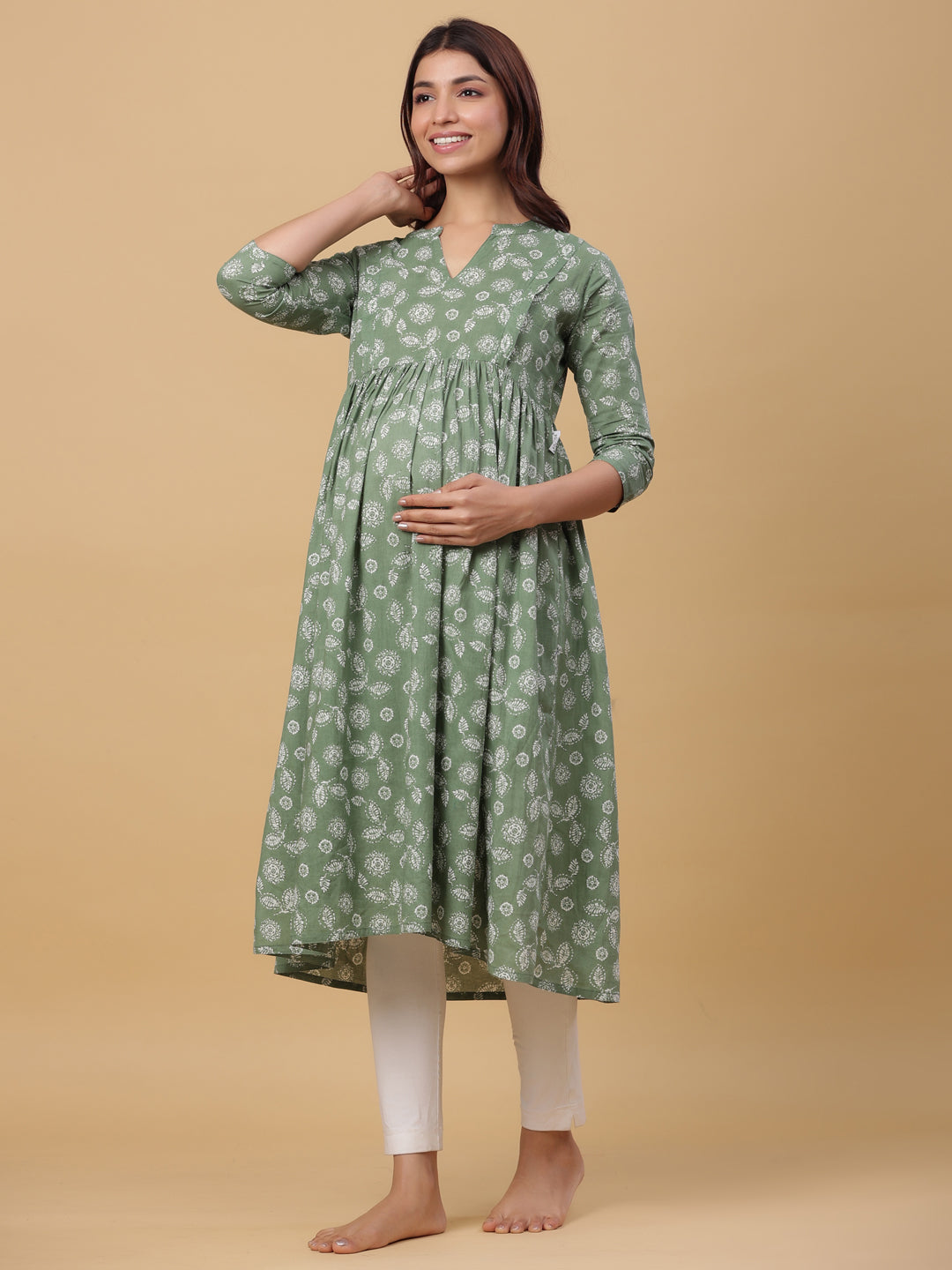 Sage Leaf Cotton Maternity - Nursing Kurta