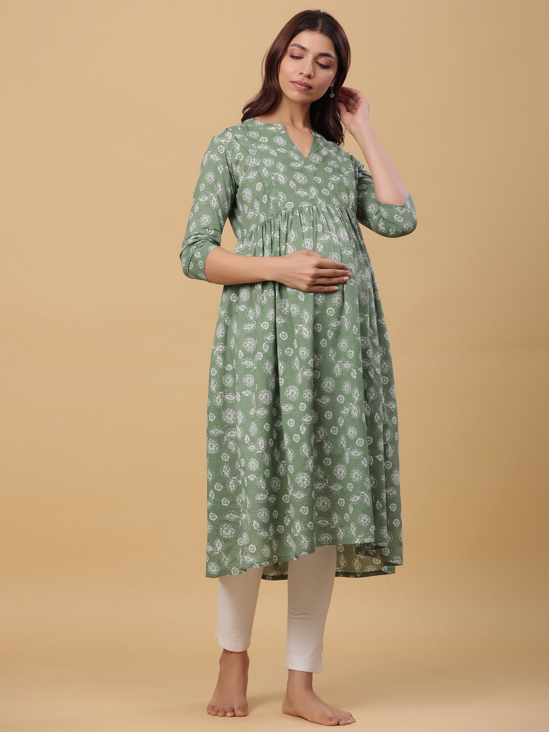 Sage Leaf Cotton Maternity - Nursing Kurta