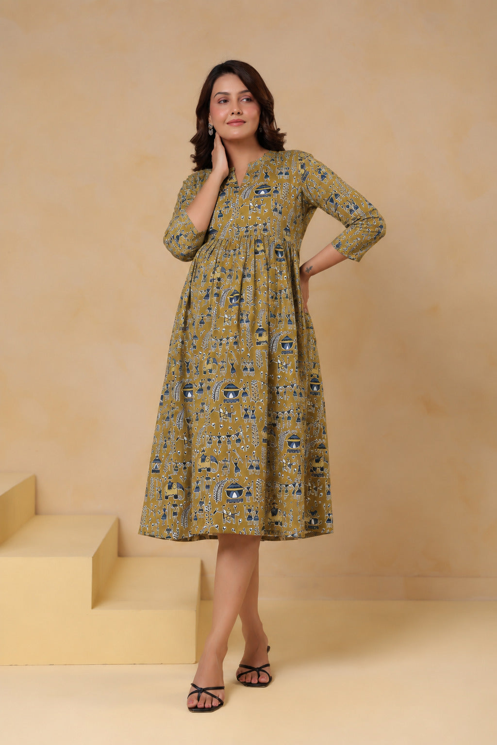 Mustard Tribal Tales Cotton Maternity - Nursing Dress