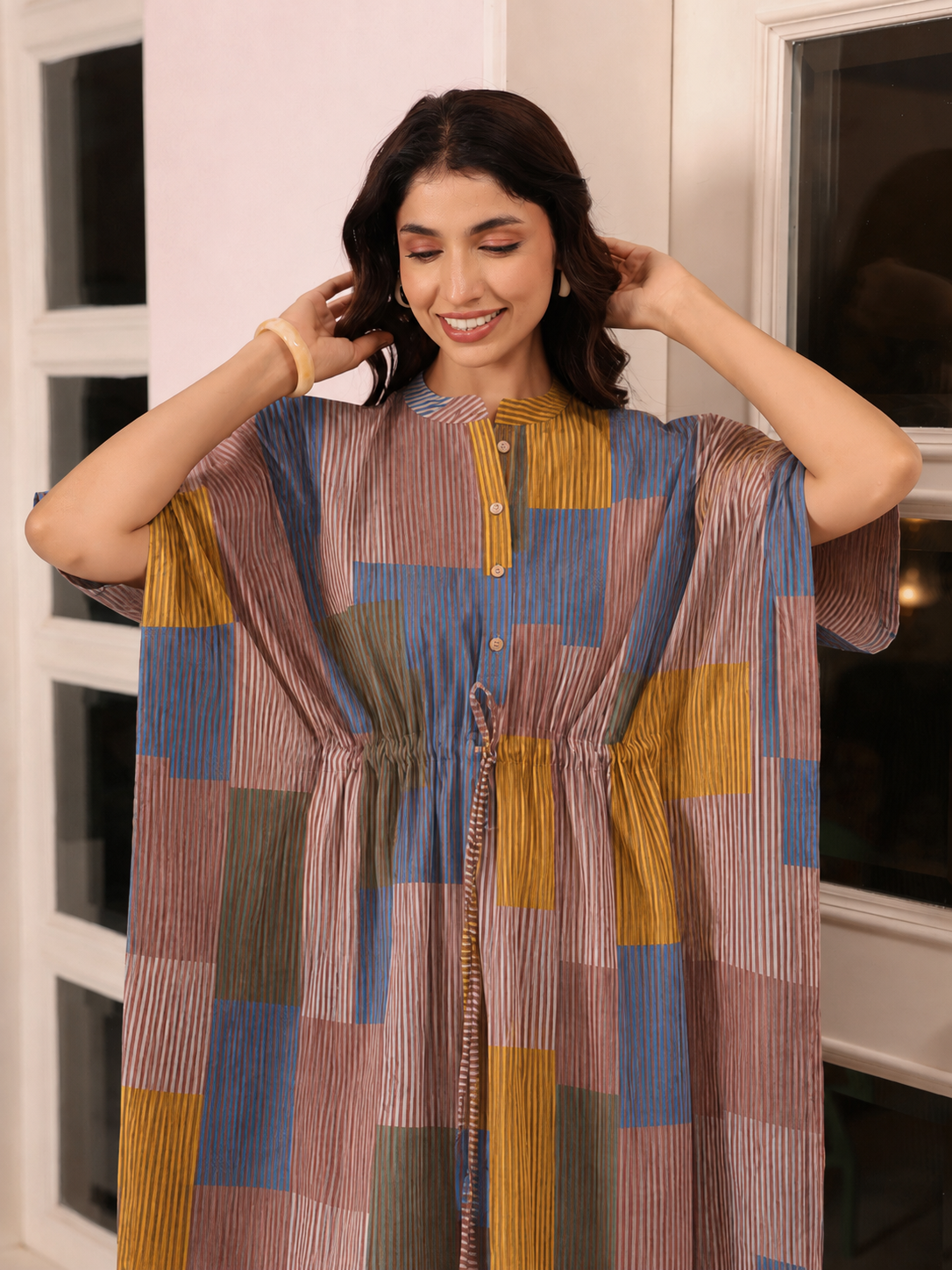 Ocean Blue Multi Panelled Cotton Kaftan ( One-Size )