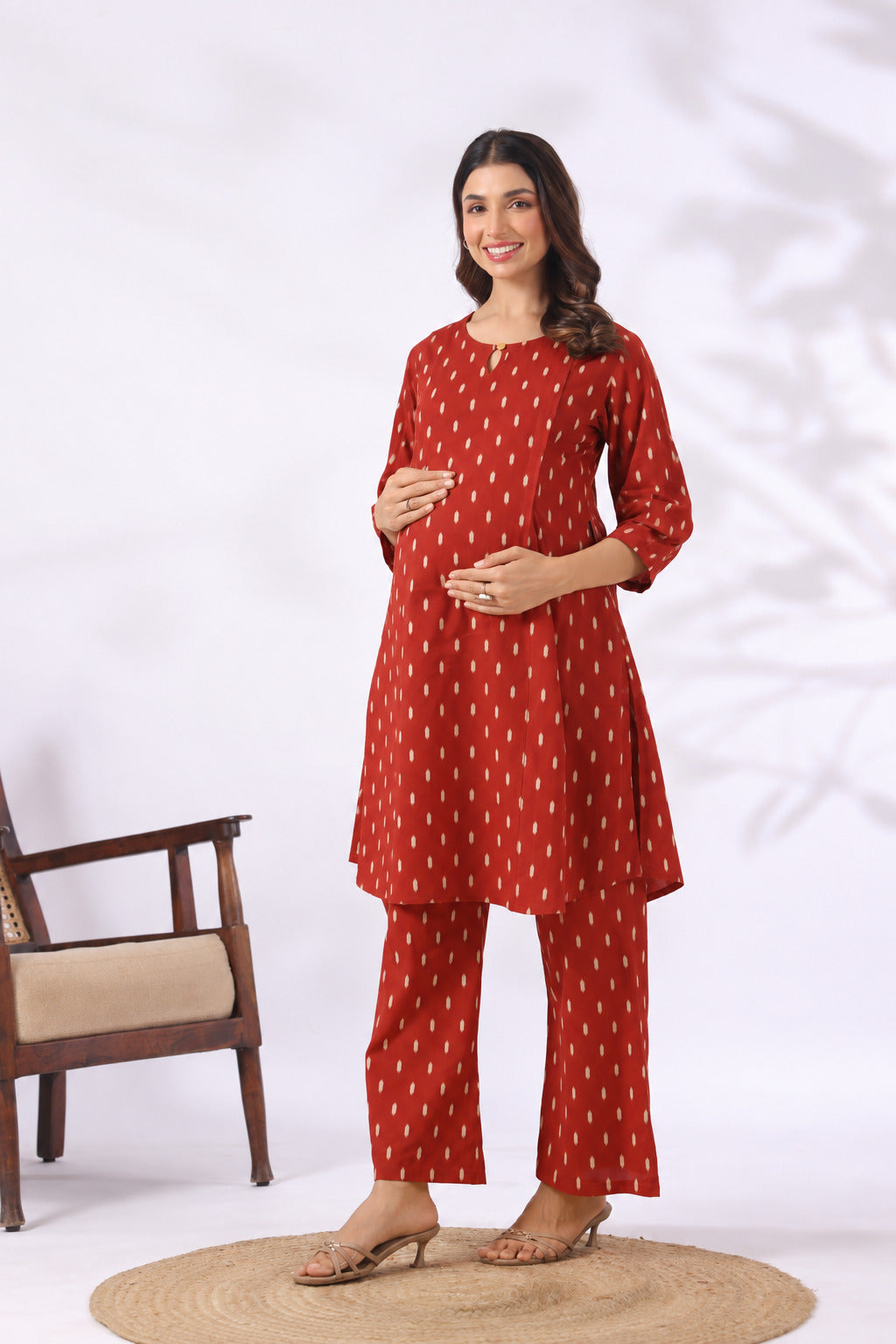 Maroon Loom Print Cotton Maternity - Nursing Co-ord Set