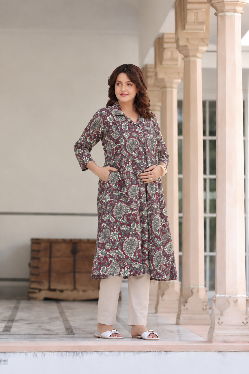 Burgundy Jaal Cotton Maternity - Nursing Kurti