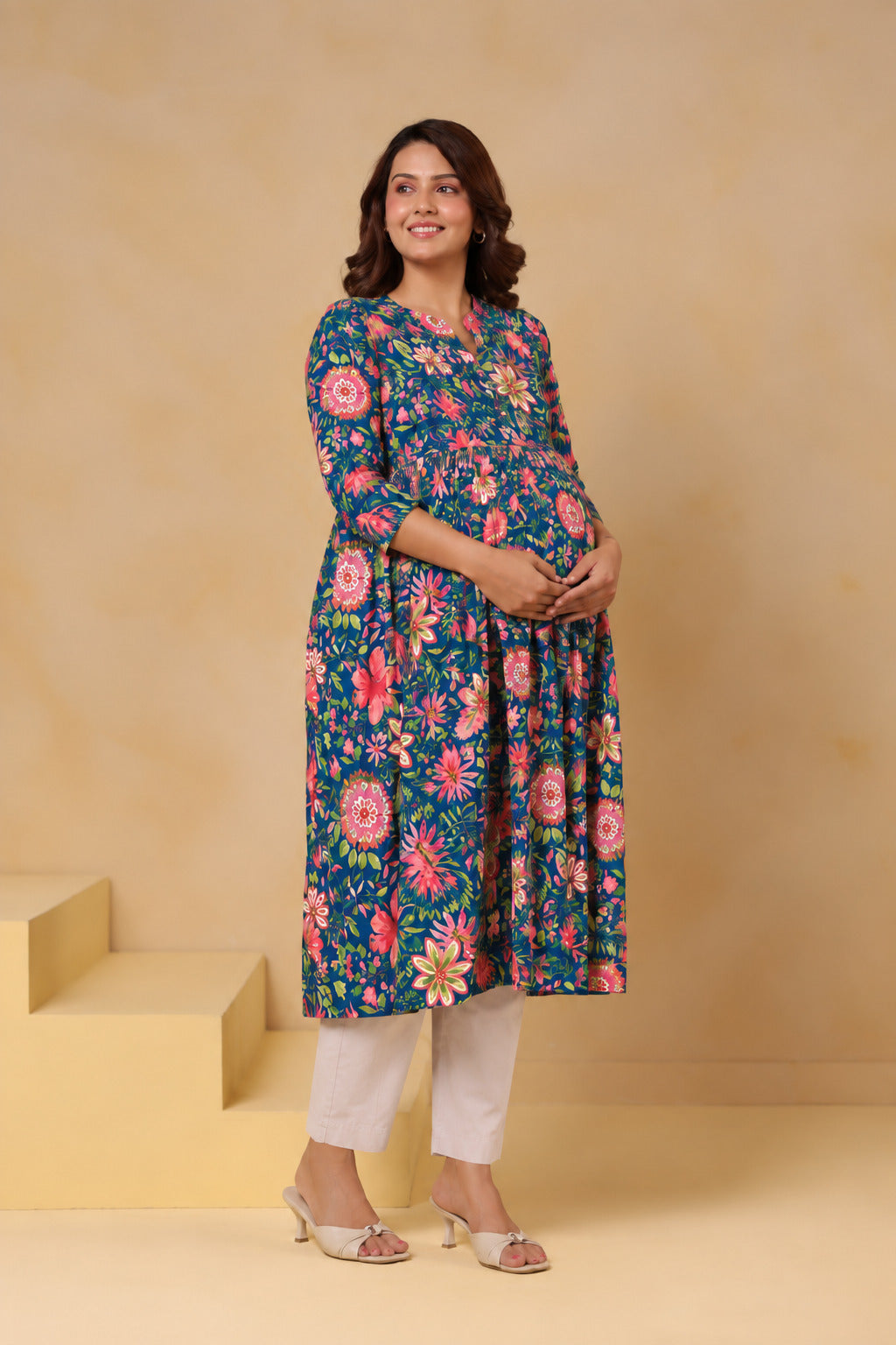 Teal Blossom Garden Cotton Maternity - Nursing Kurti
