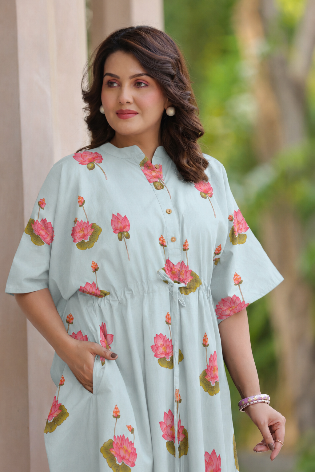 Vintage Lotus Pond Cotton Kaftan ( One-Size )