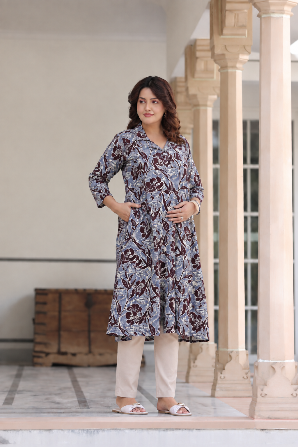 Wine Blossom Cotton Maternity - Nursing Kurti