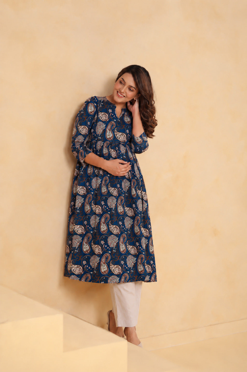 Indigo Kalamkari Buta Cotton Maternity - Nursing Kurti