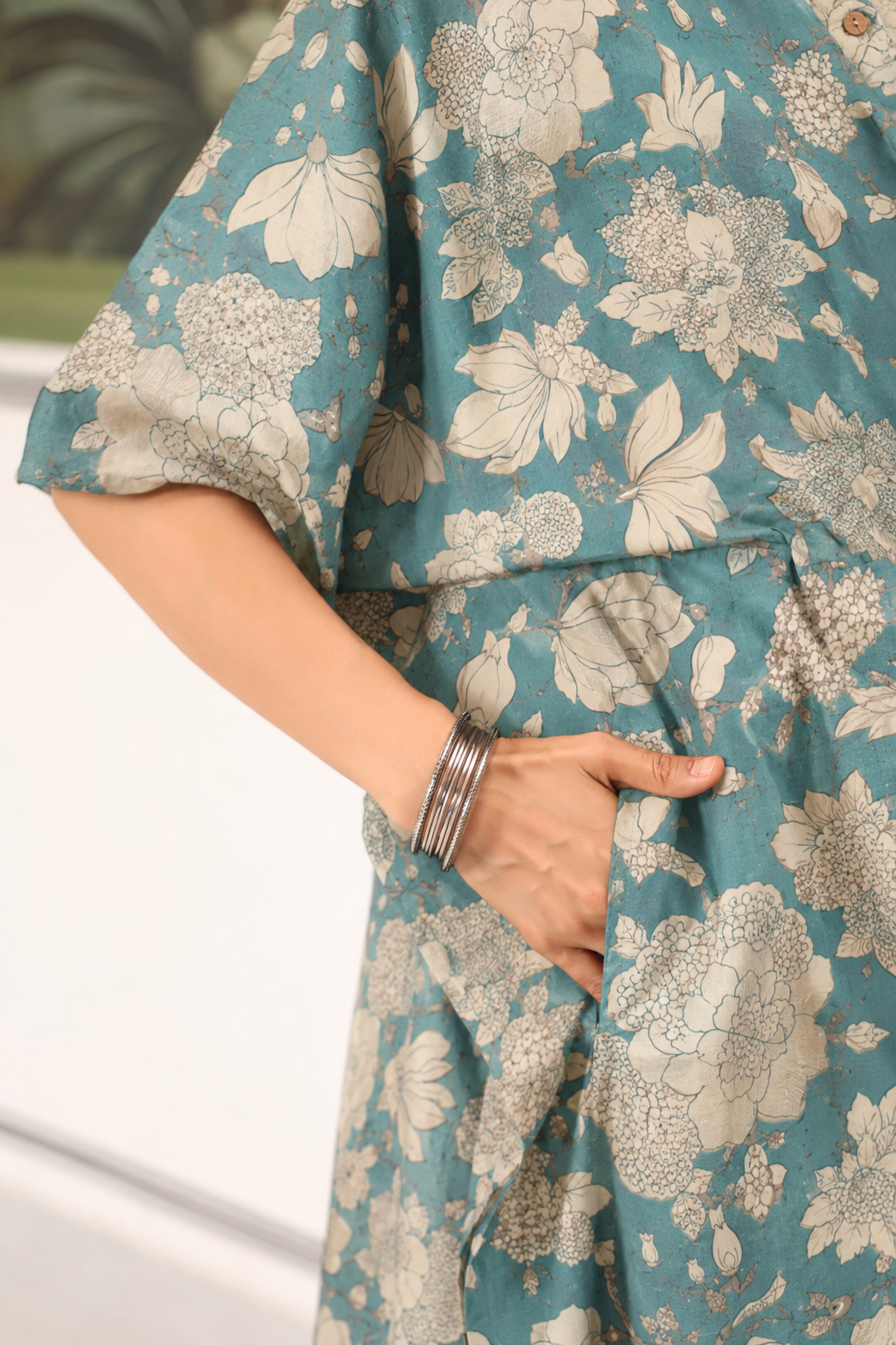 Teal Gardenia Cotton Maternity - Nursing Kaftan ( One-Size )
