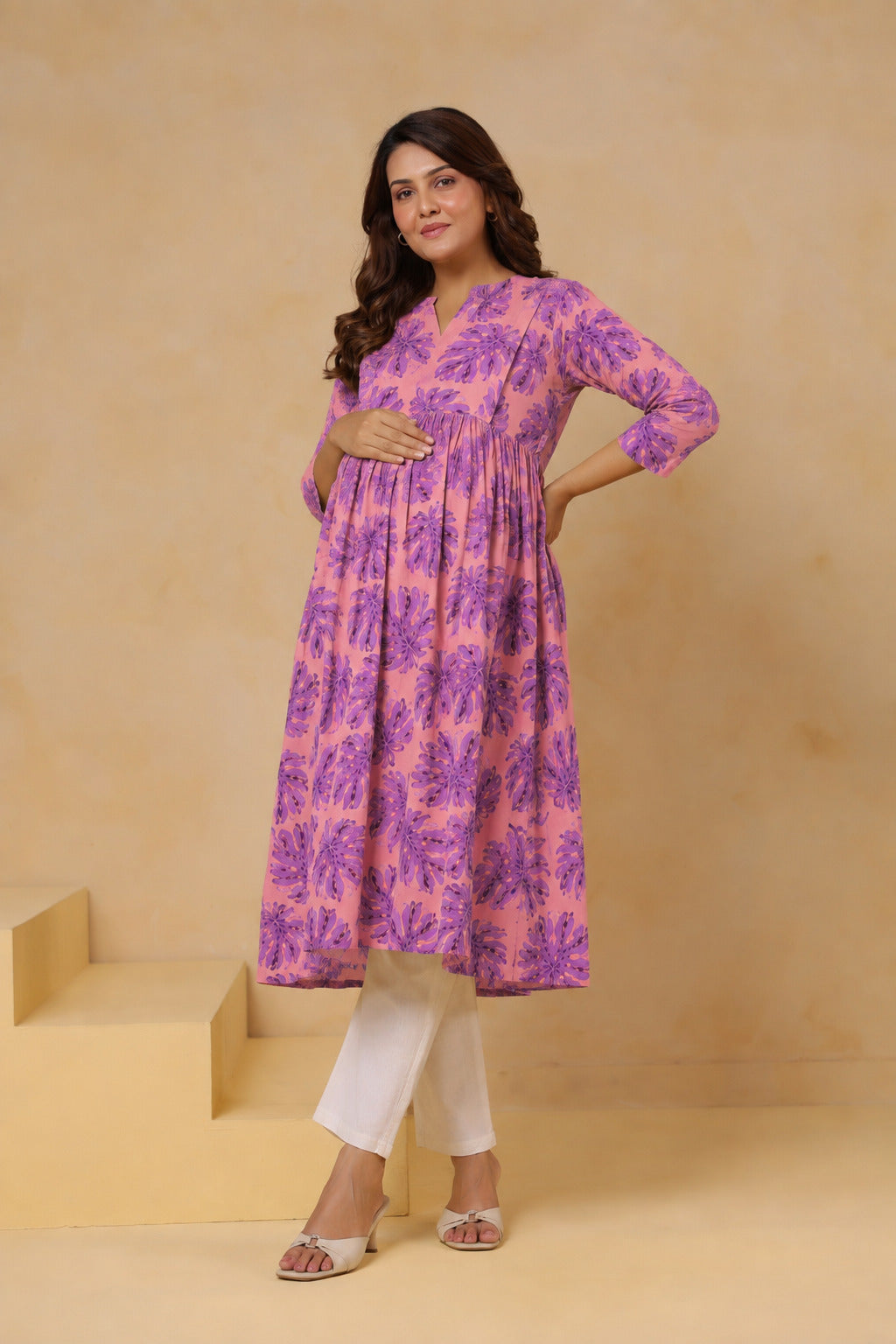 Tropical Violet Palm Cotton Maternity - Nursing Kurti