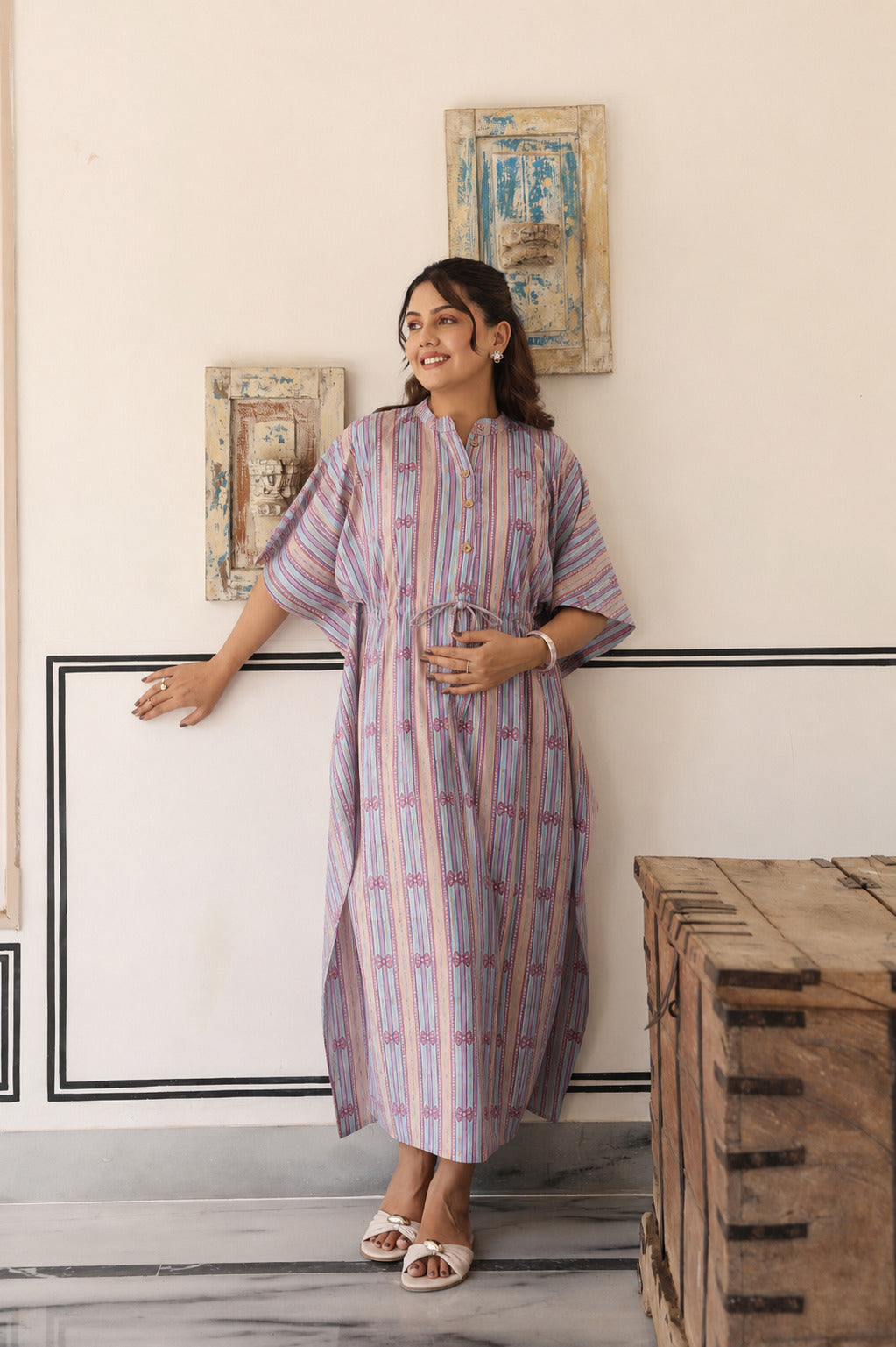 Azure Ajrakh Lines Cotton Maternity - Nursing Kaftan ( One-Size )