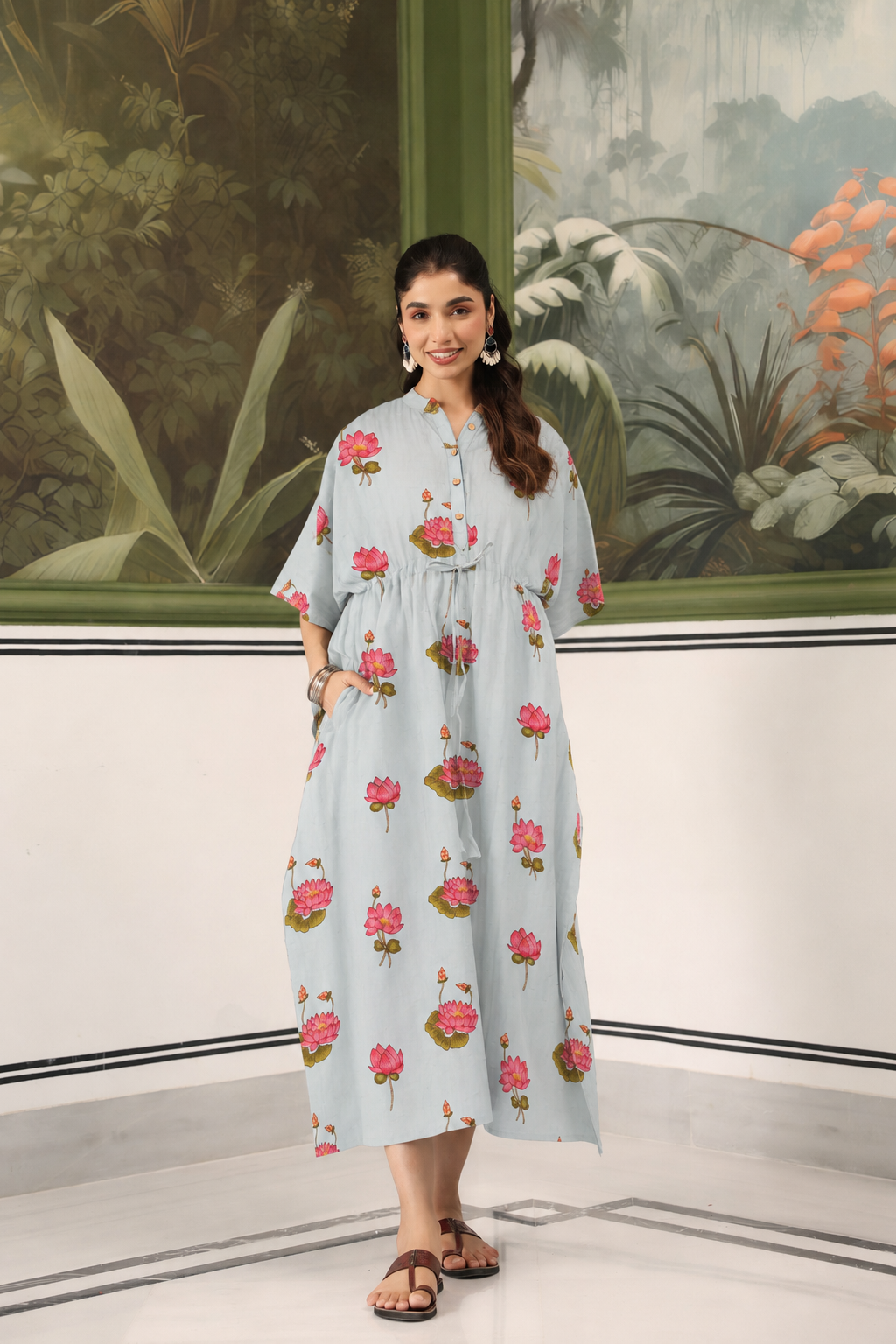 Vintage Lotus Pond Cotton Maternity - Nursing Kaftan ( One-Size )