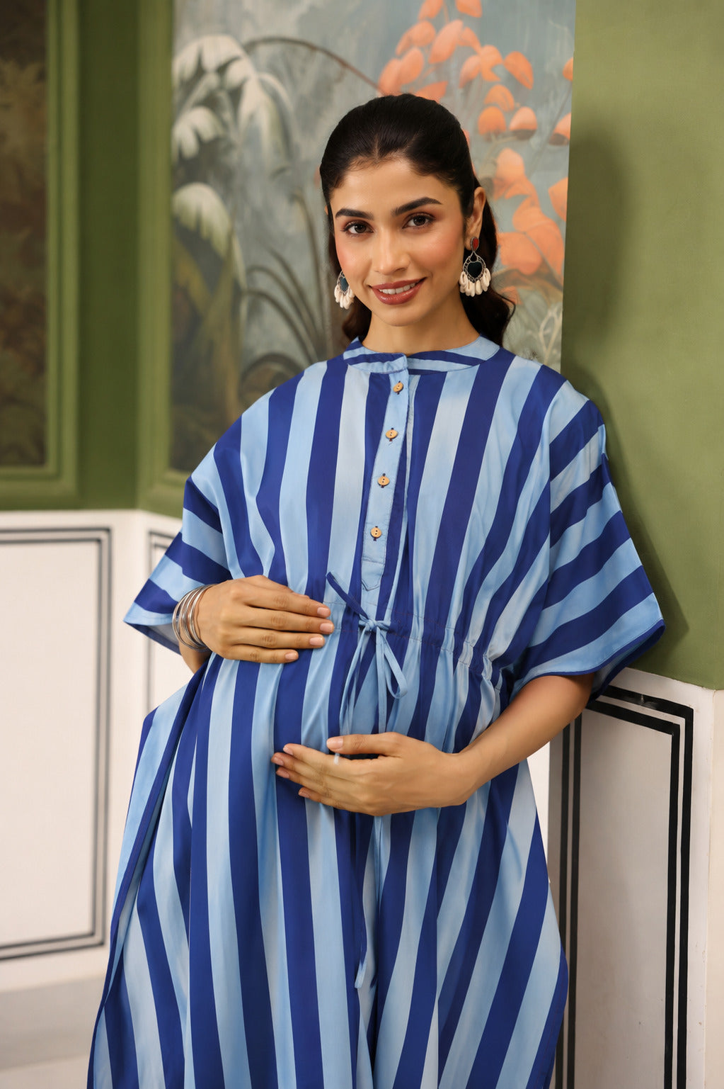 Ocean Lines Cotton Maternity - Nursing Kaftan ( One-Size )