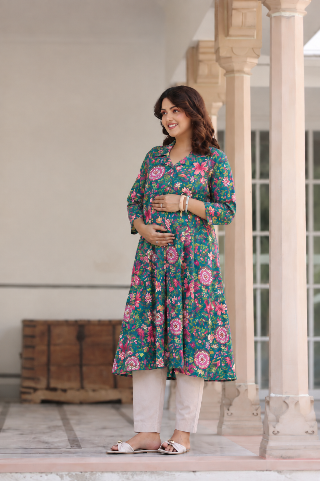 Emerald Bloom Cotton Maternity - Nursing Kurti