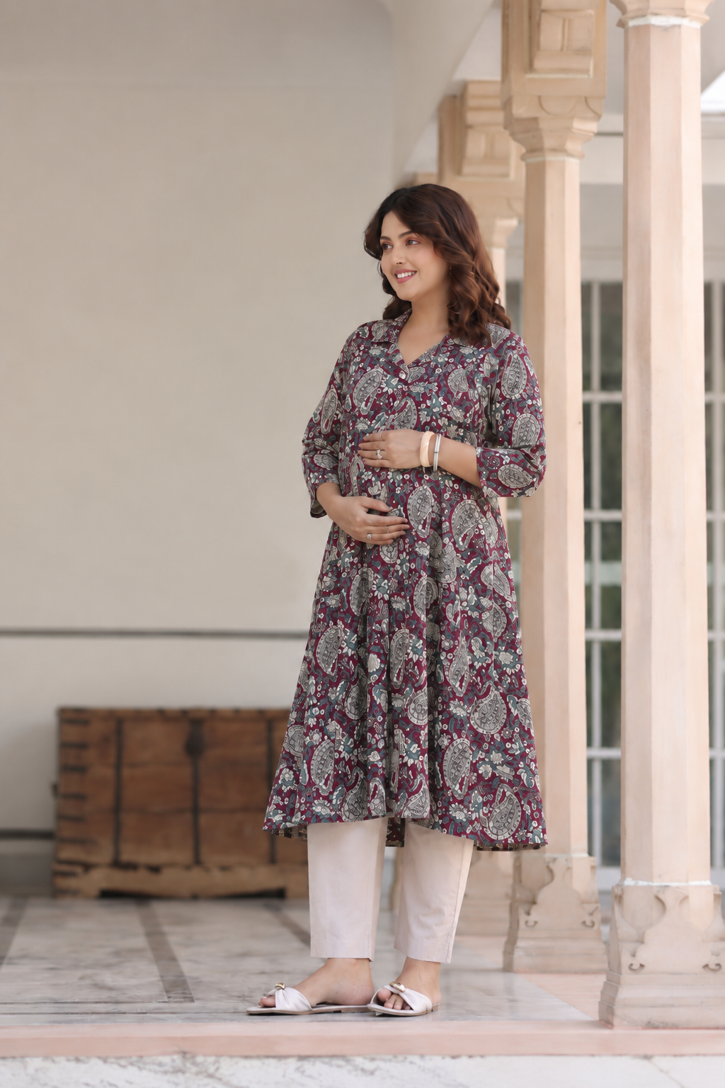 Burgundy Jaal Cotton Maternity - Nursing Kurti