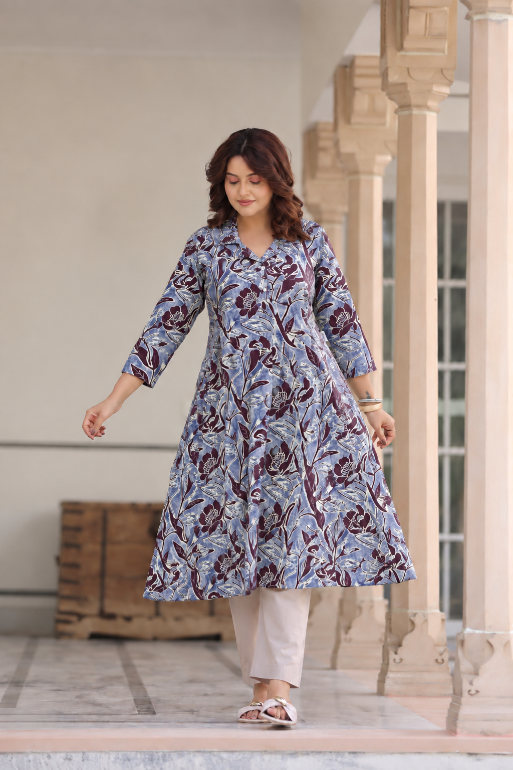 Wine Blossom Cotton Maternity - Nursing Kurti