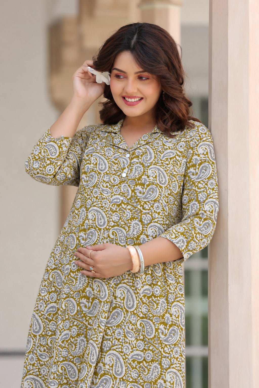 Olive Paisley Cotton Maternity - Nursing Kurti