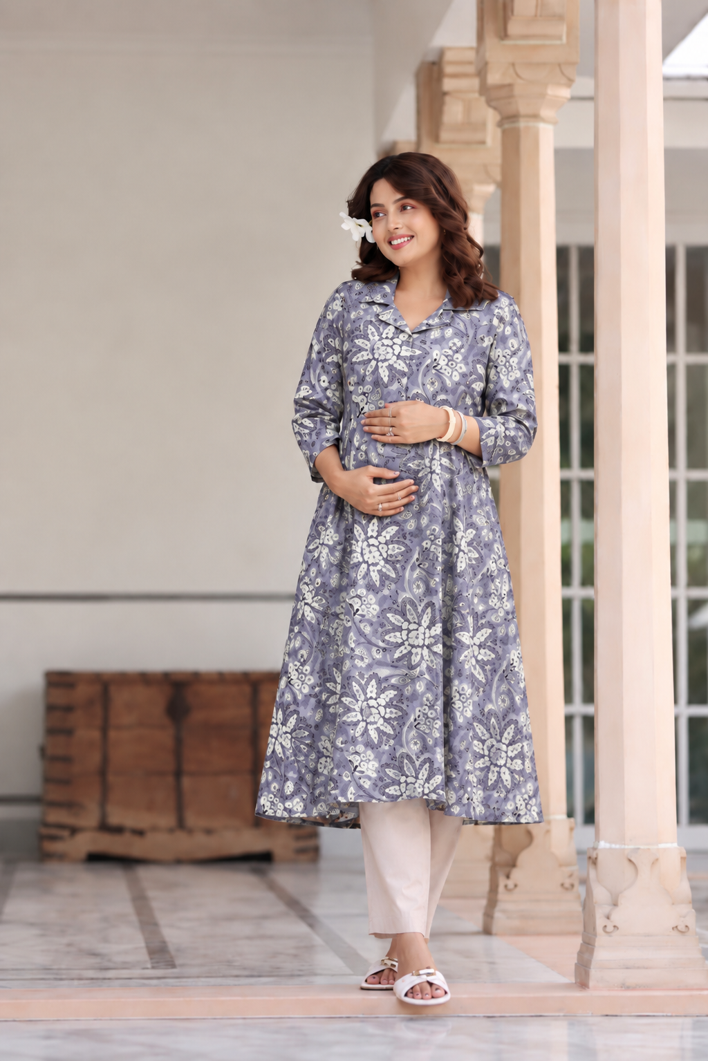 Moonlit Florals Cotton Maternity - Nursing Kurti