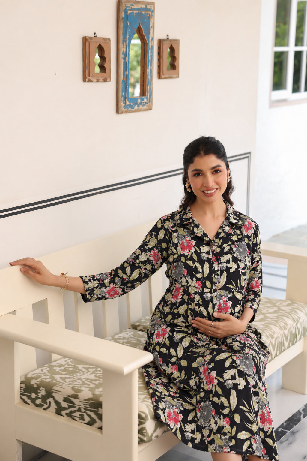 Black Garden Bloom Cotton Maternity - Nursing Dress
