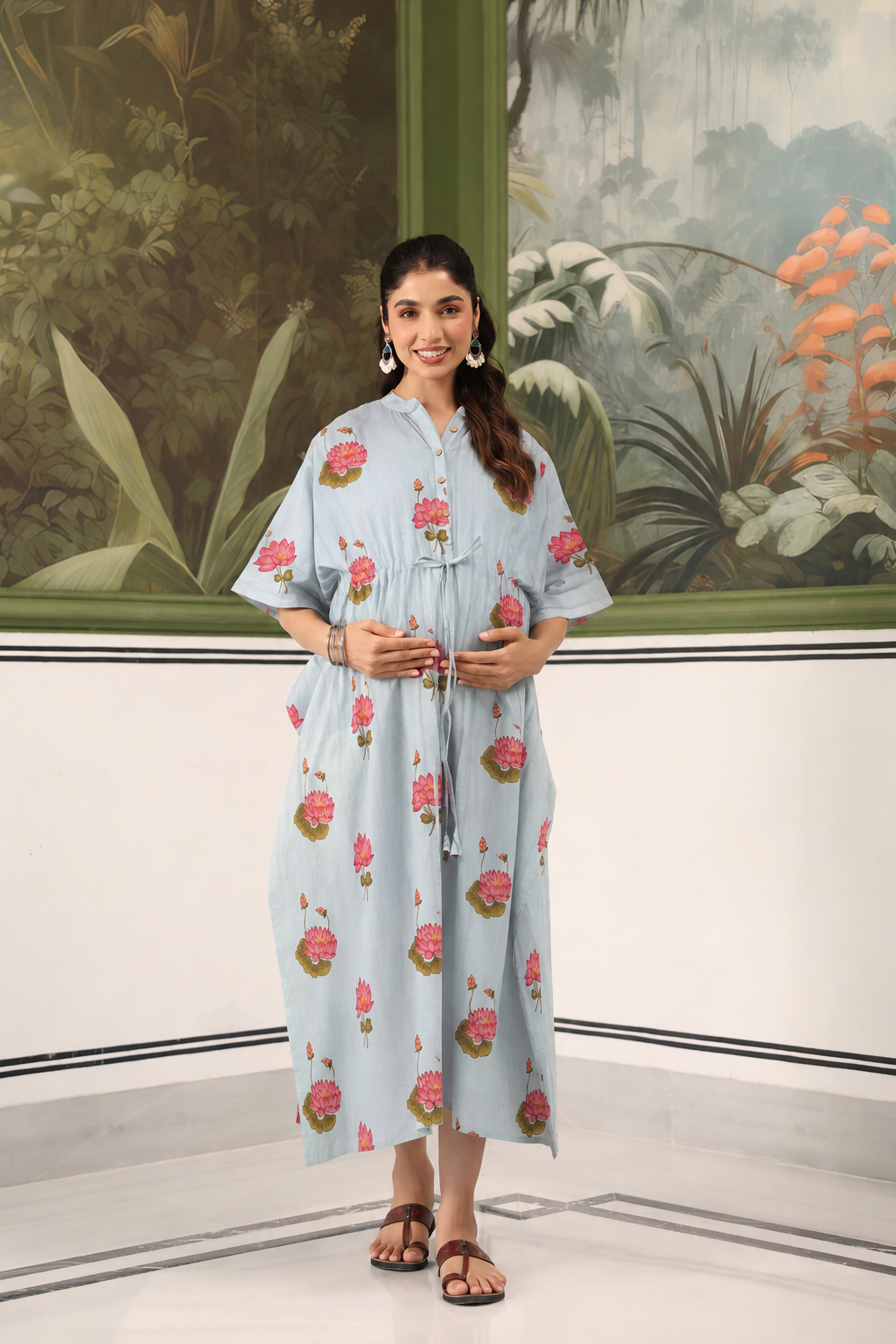 Vintage Lotus Pond Cotton Maternity - Nursing Kaftan ( One-Size )