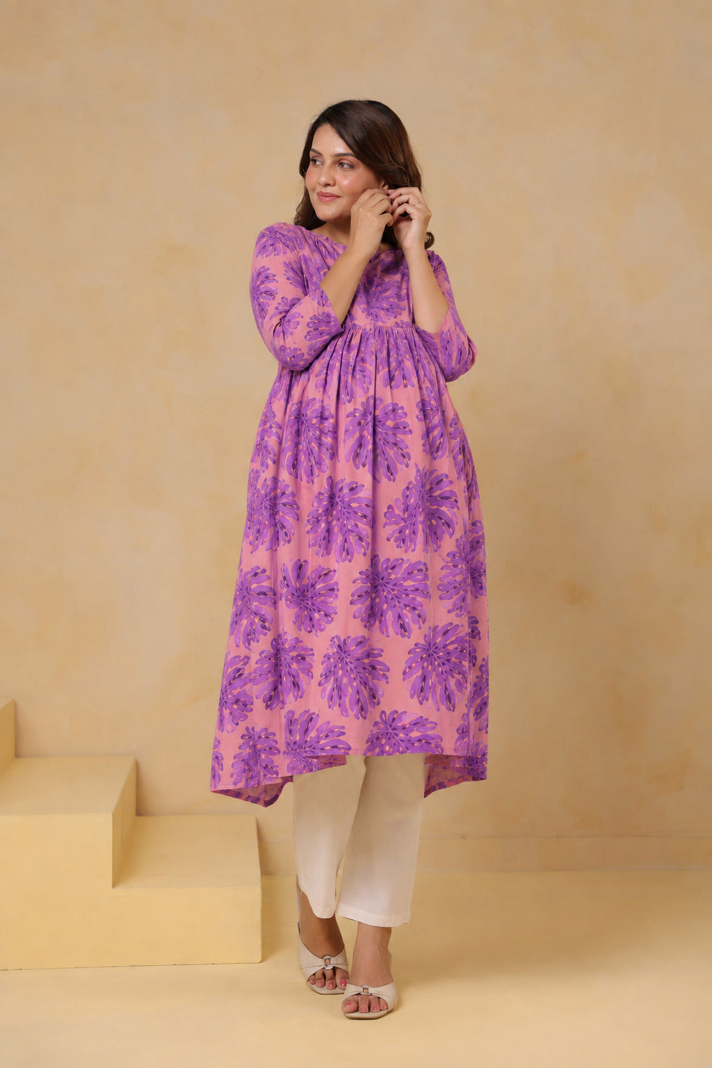 Tropical Violet Palm Cotton Maternity - Nursing Kurti