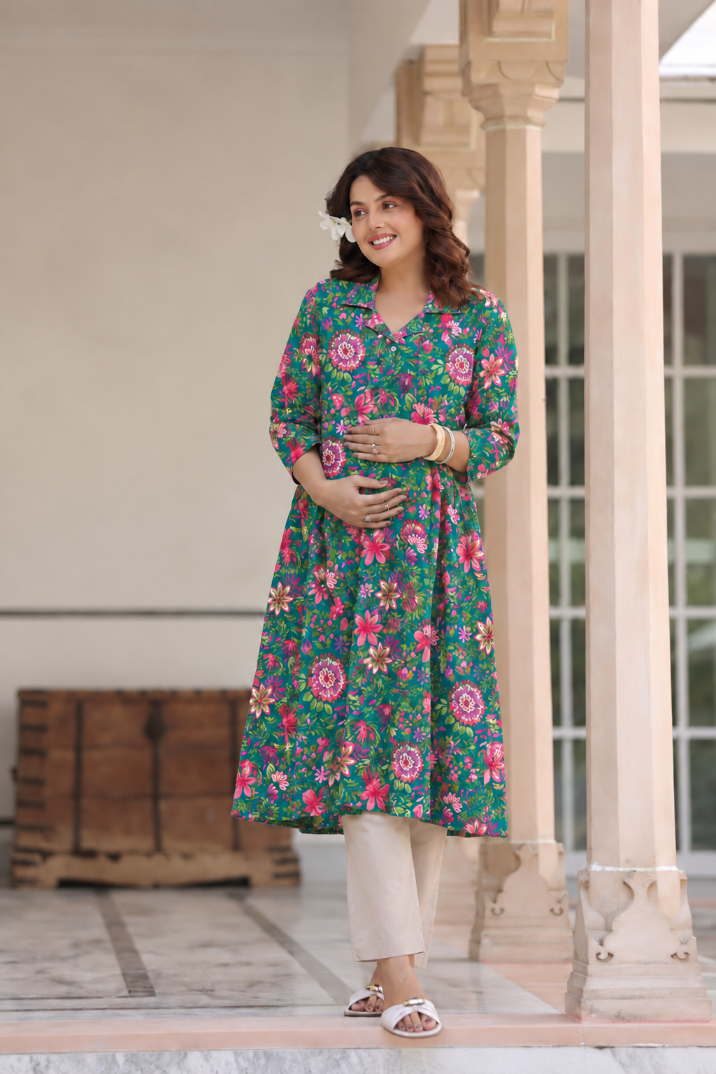 Emerald Bloom Cotton Maternity - Nursing Kurti