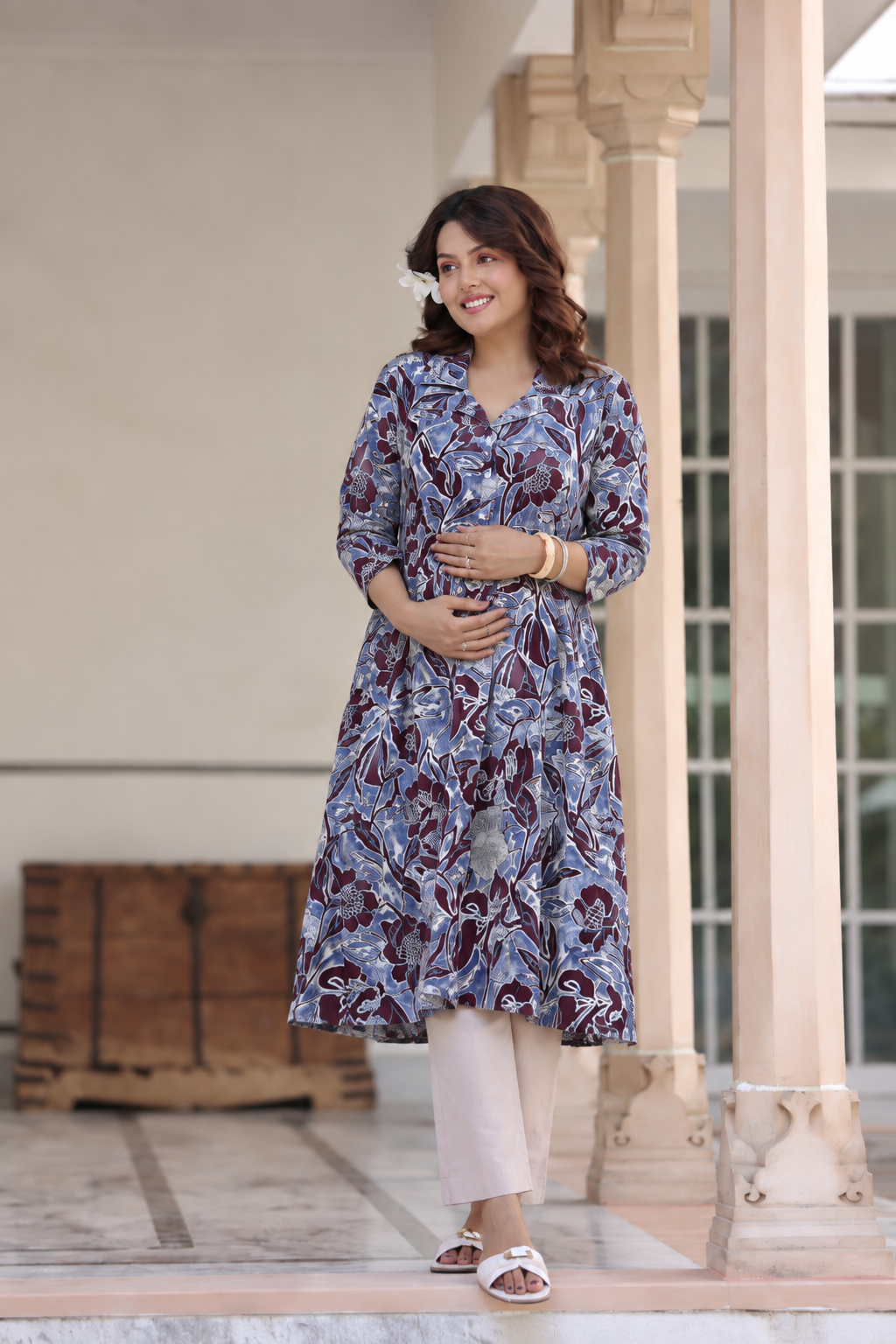 Wine Blossom Cotton Maternity - Nursing Kurti