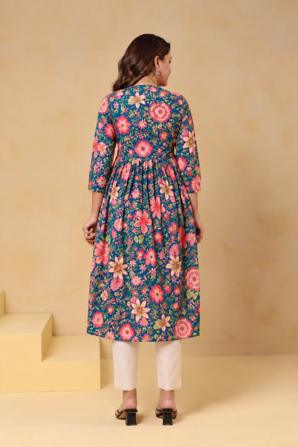 Teal Blossom Garden Cotton Maternity - Nursing Kurti