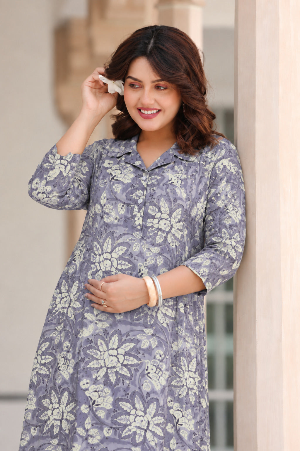 Moonlit Florals Cotton Maternity - Nursing Dress